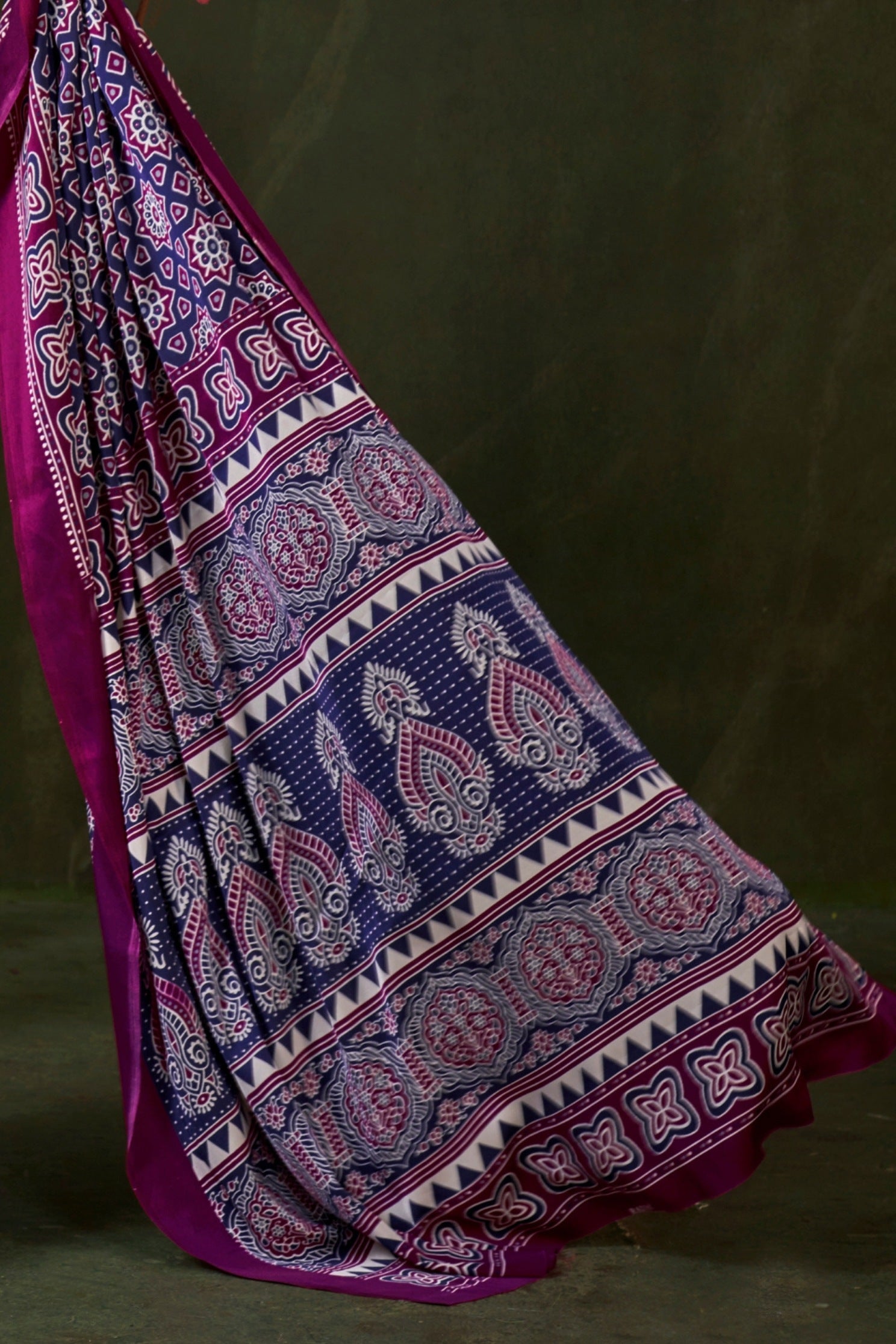 Buy MySilkLove Heather Purple Ajrakh Printed Satin Crepe Silk Saree Online