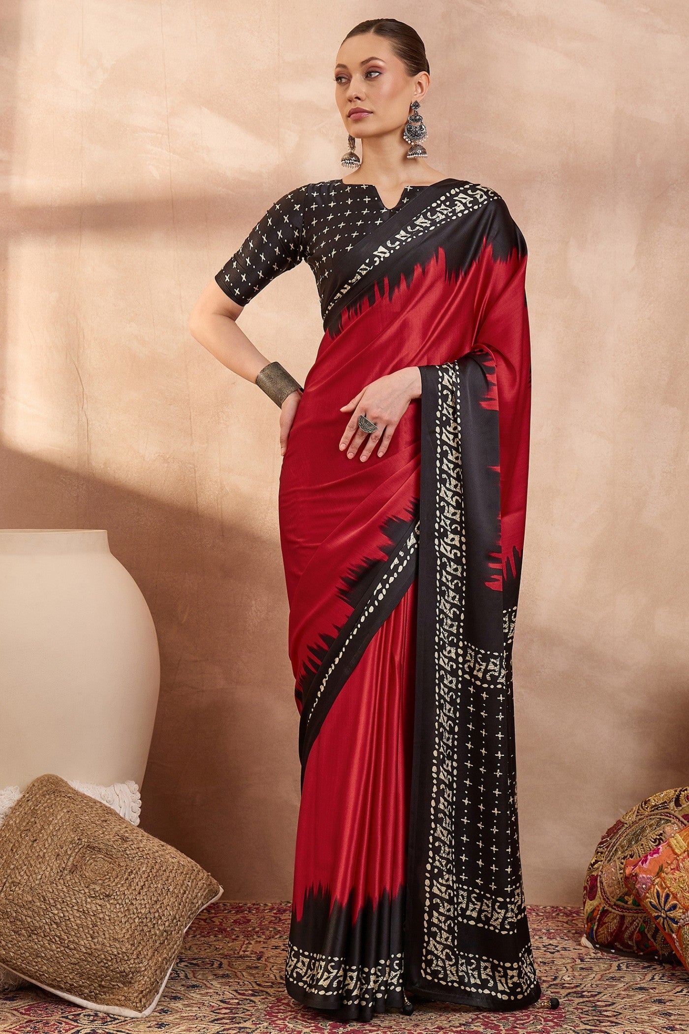 Buy MySilkLove Chili Red Printed Satin Crepe Silk Saree Online