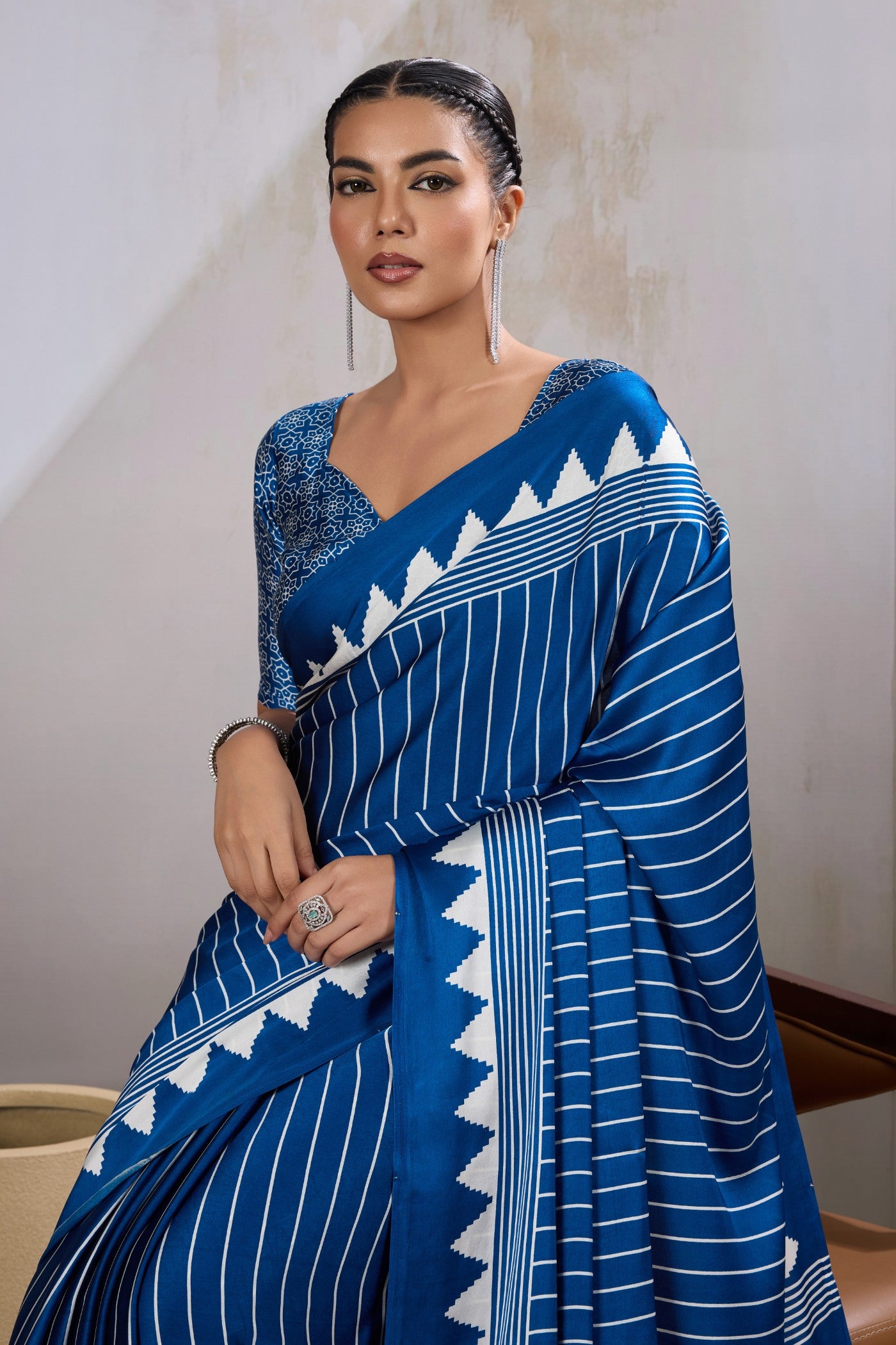 MySilkLove Carolina Blue Ajrakh Printed Satin Crepe Silk Saree