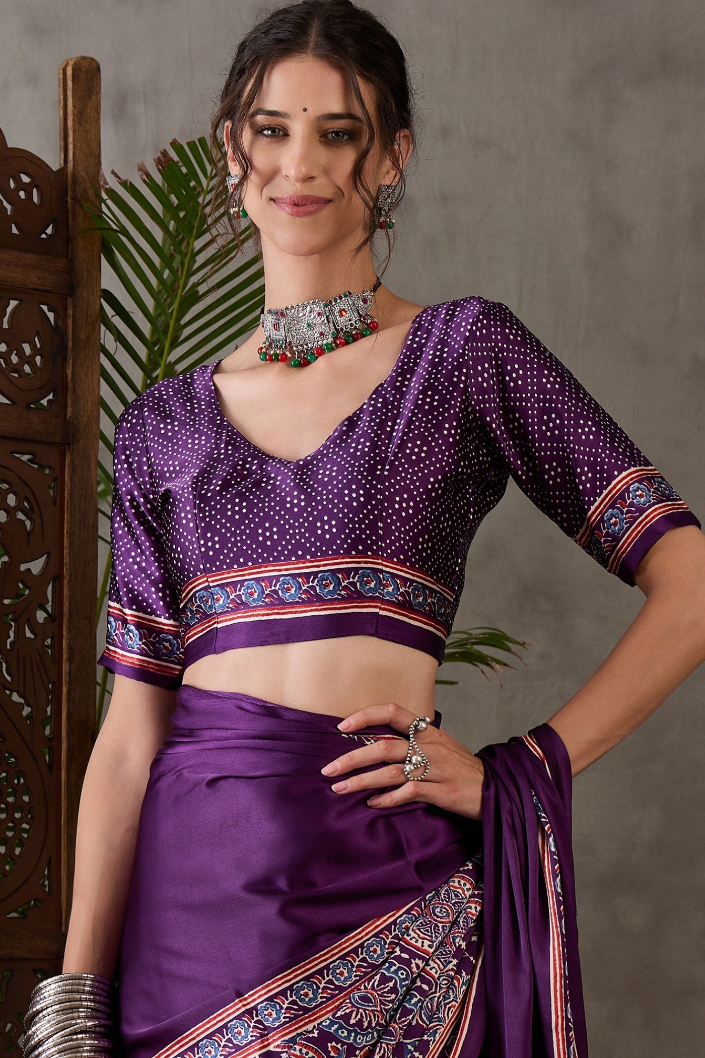 Buy MySilkLove Brinjal Purple Printed Satin Gaji Silk Saree Online