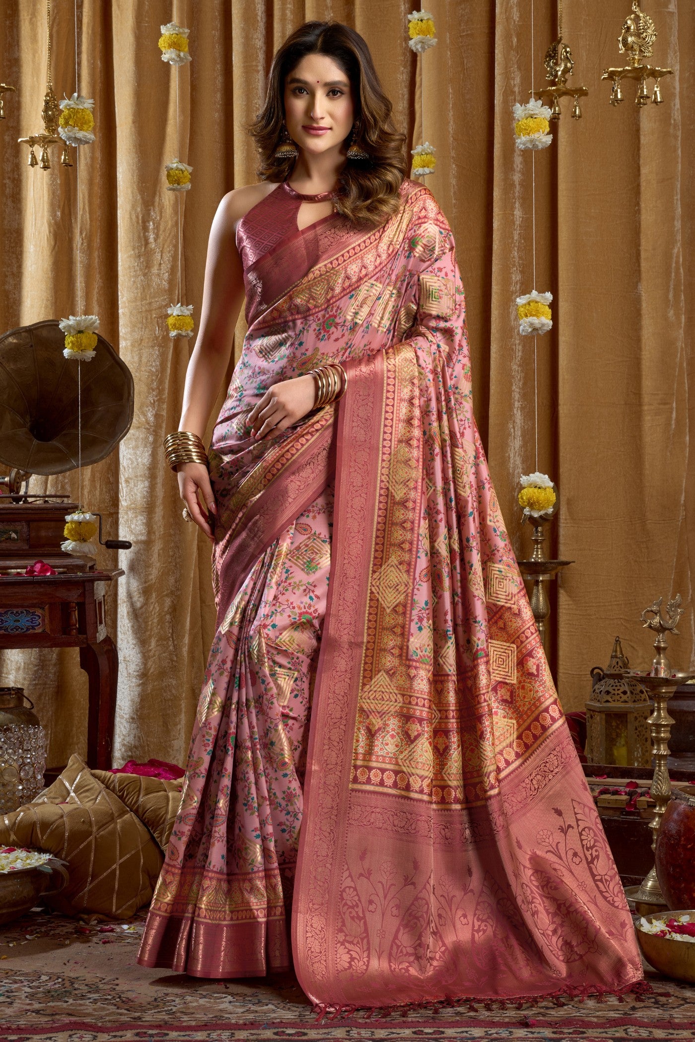 Buy MySilkLove Rose Pink Digital Printed Banarasi Saree Online