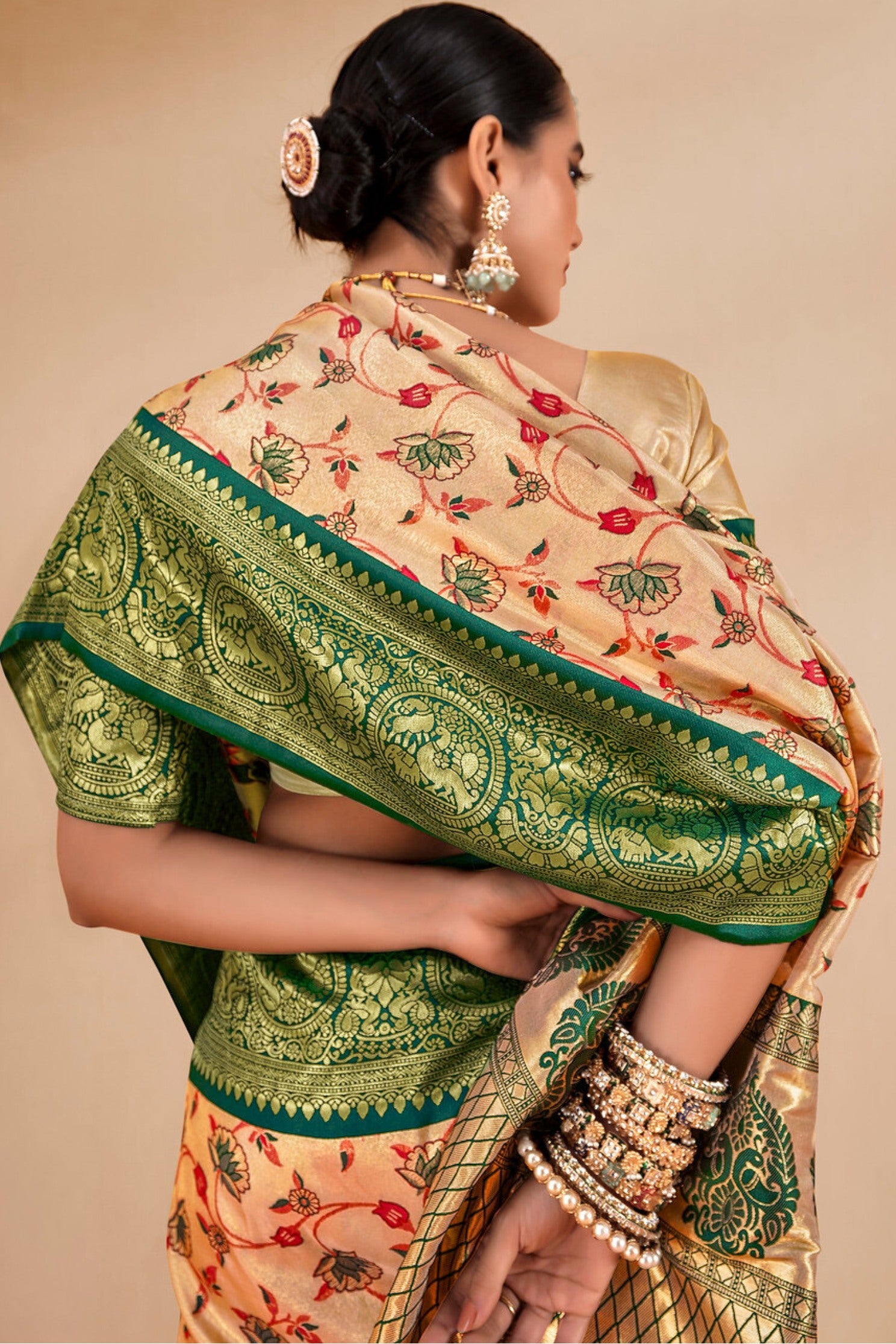 Buy MySilkLove Twine Cream and Green Zari Woven Banarasi Saree Online
