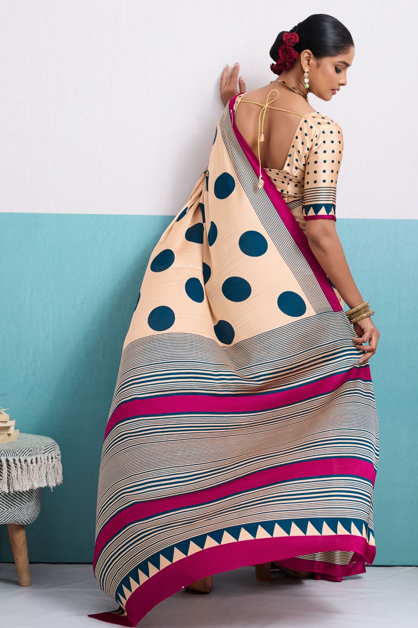 Buy MySilkLove Custard Cream and Blue Polka Dots Satin Crepe Saree Online