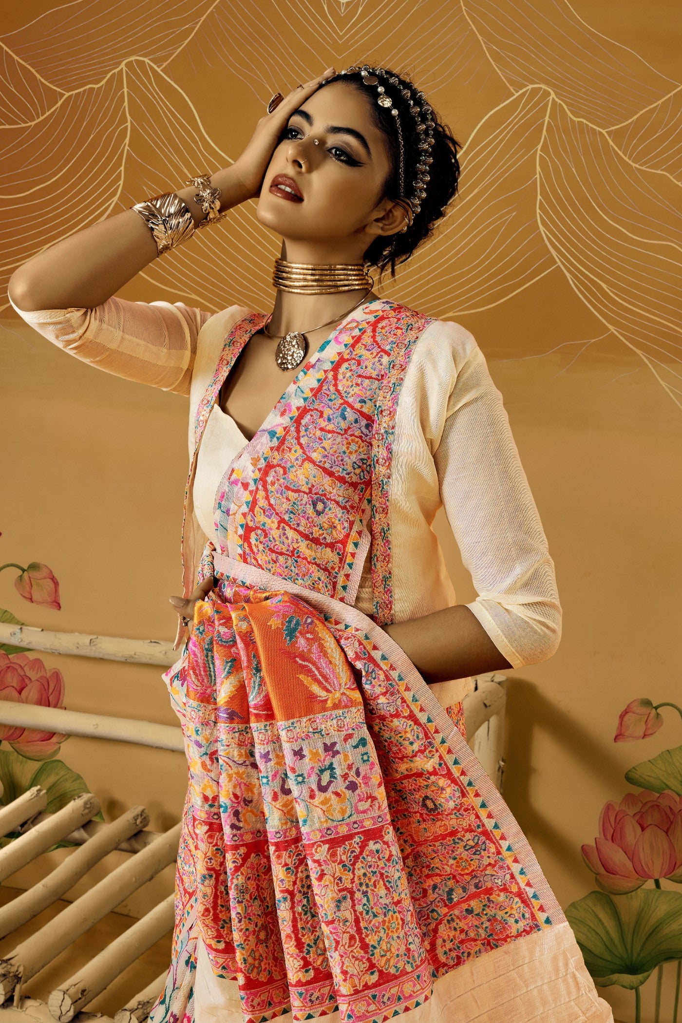 MySilkLove Alhambra Cream Kashmiri Handloom Jamewar Saree