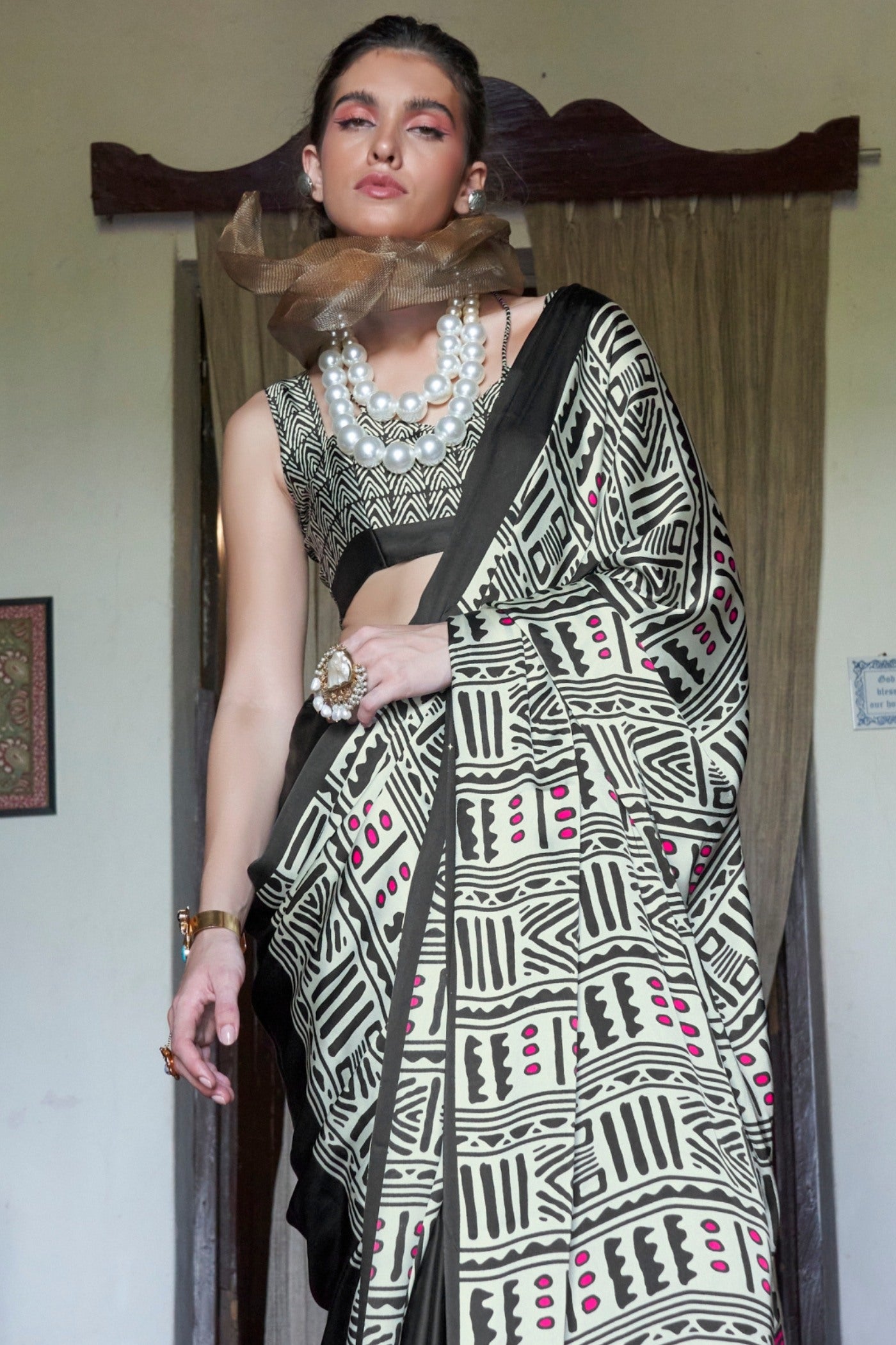 Buy MySilkLove Gunmetal Black and White Printed Satin Crepe Silk Saree Online