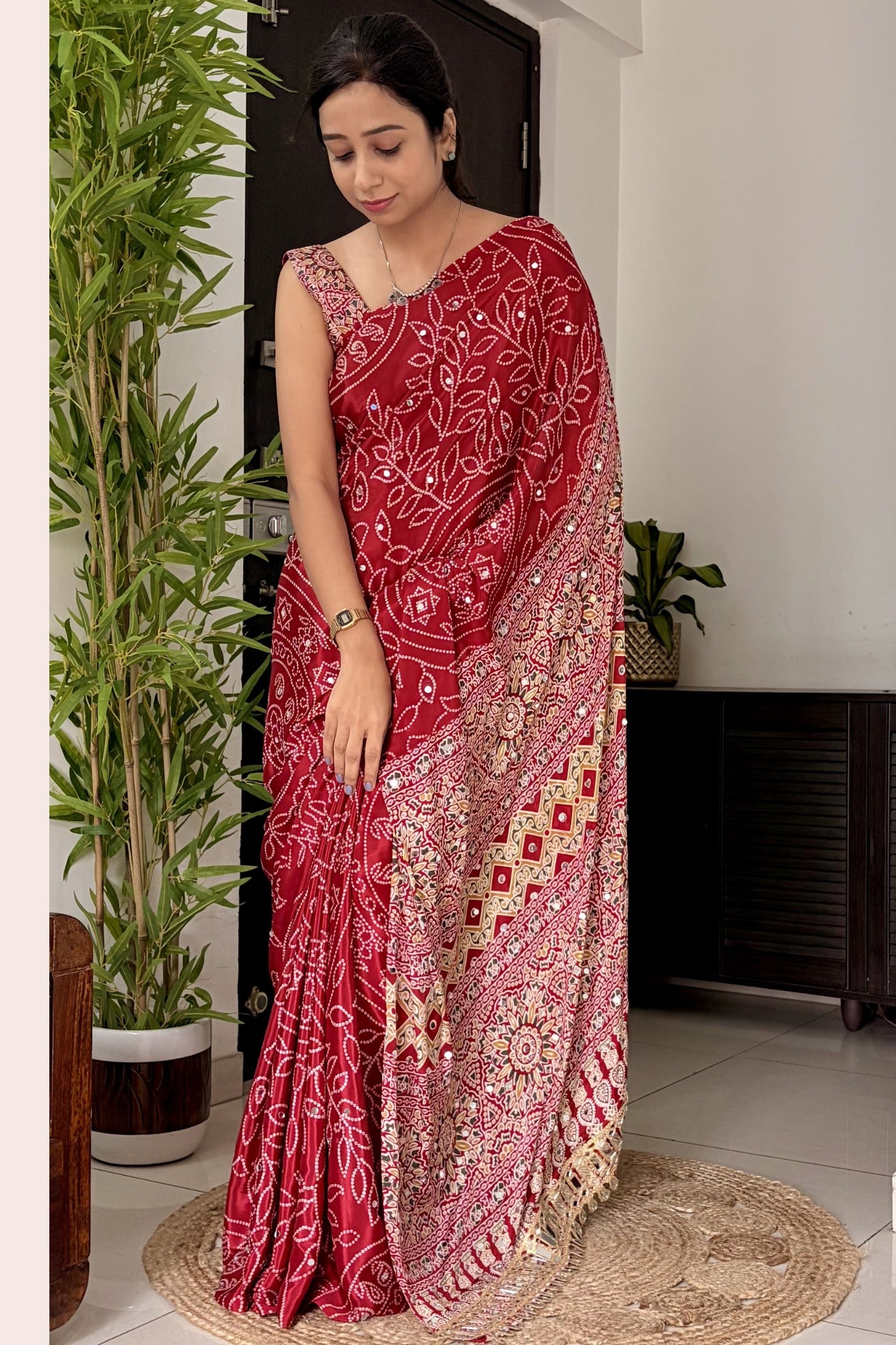 Buy MySilkLove Bittersweet Red Modal Ajrakh Satin Printed Mirror Work Saree Online