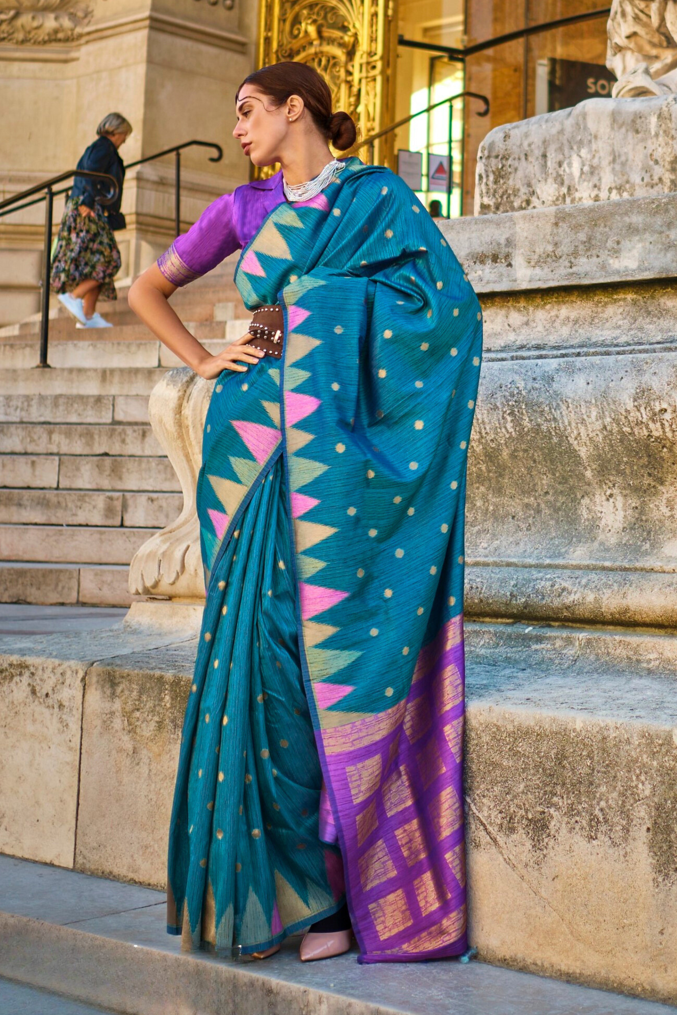 Buy MySilkLove Blue South Tussar Temple Border Silk Saree Online