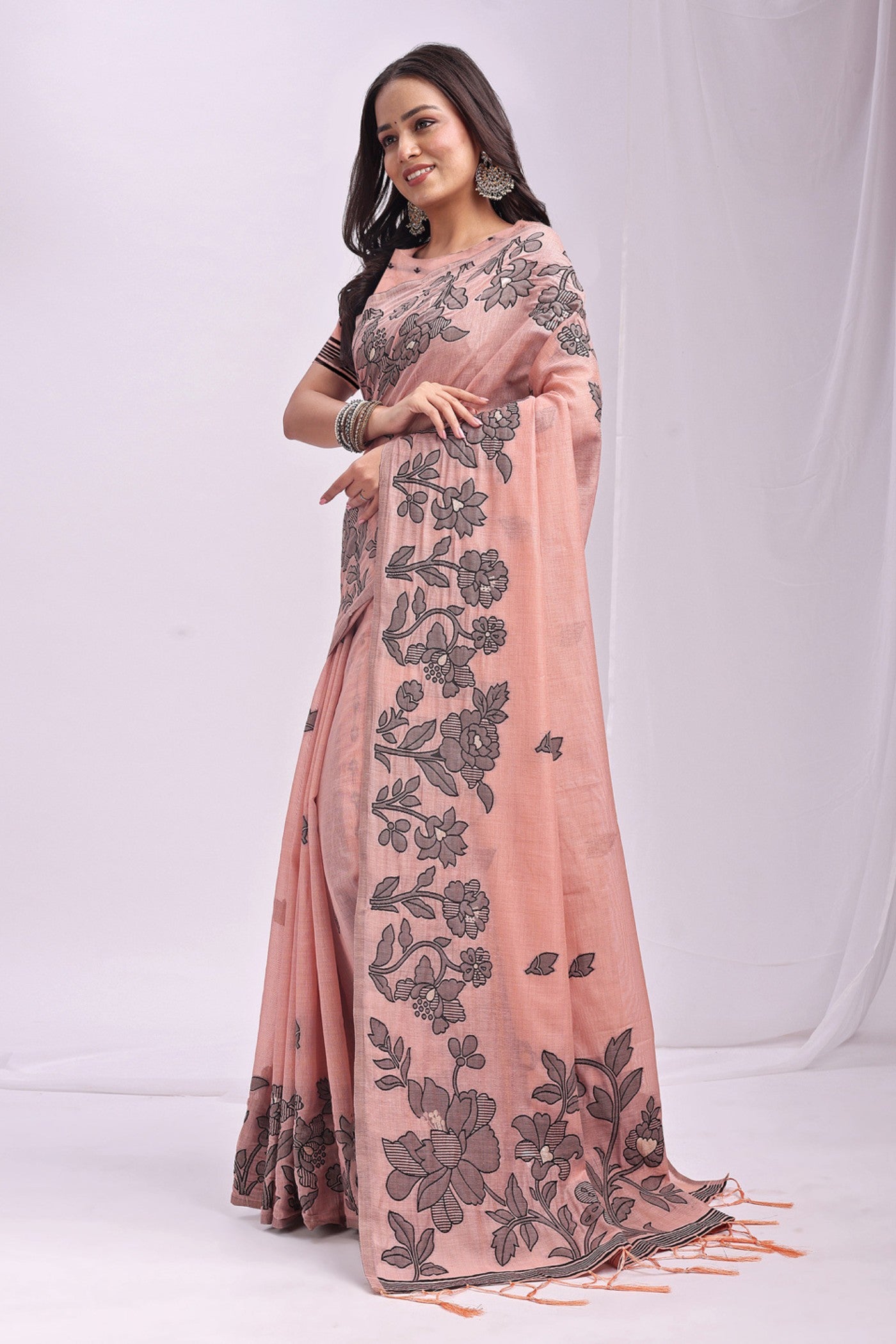 Buy MySilkLove Pum Peach Woven Linen Cotton Saree Online
