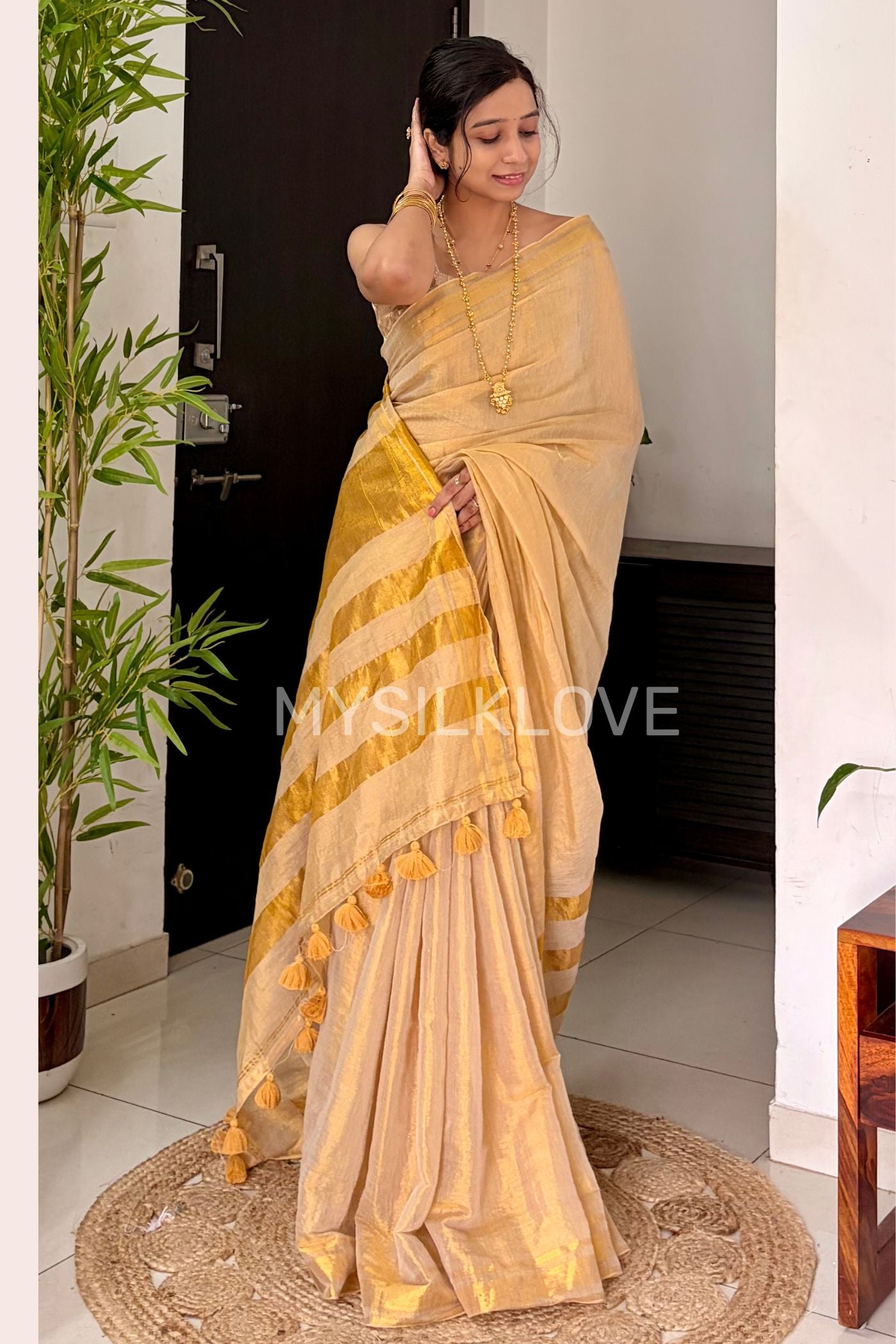 Buy MySilkLove Butter Cream Tissue Woven Silk Saree Online