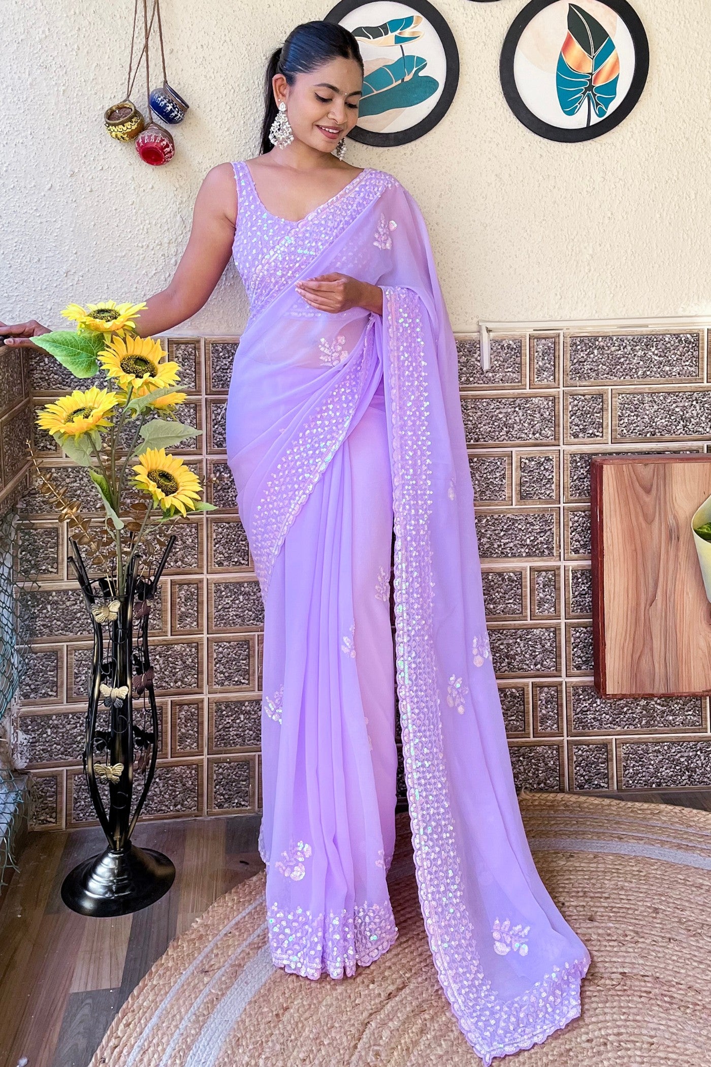 Buy MySilkLove Crocus Lavender Embroidery Georgette saree Online