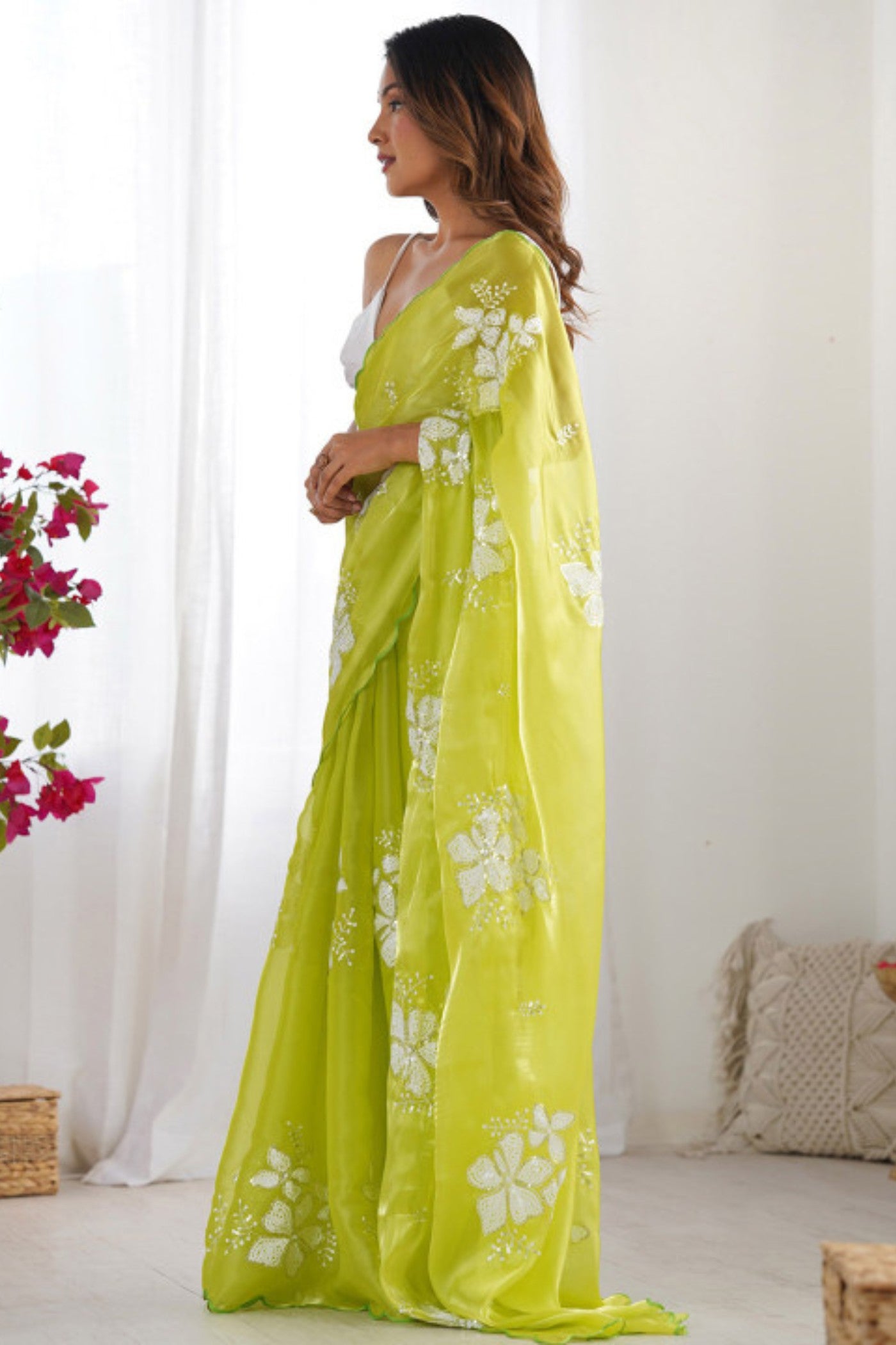 Buy MySilkLove Olive Yellow Floral Partywear Saree Online