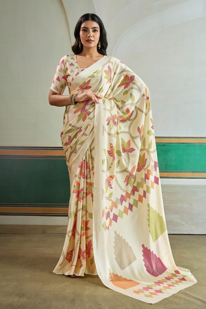 Buy MySilkLove Beige Modal Ajrakh Printed Satin Silk Saree Online
