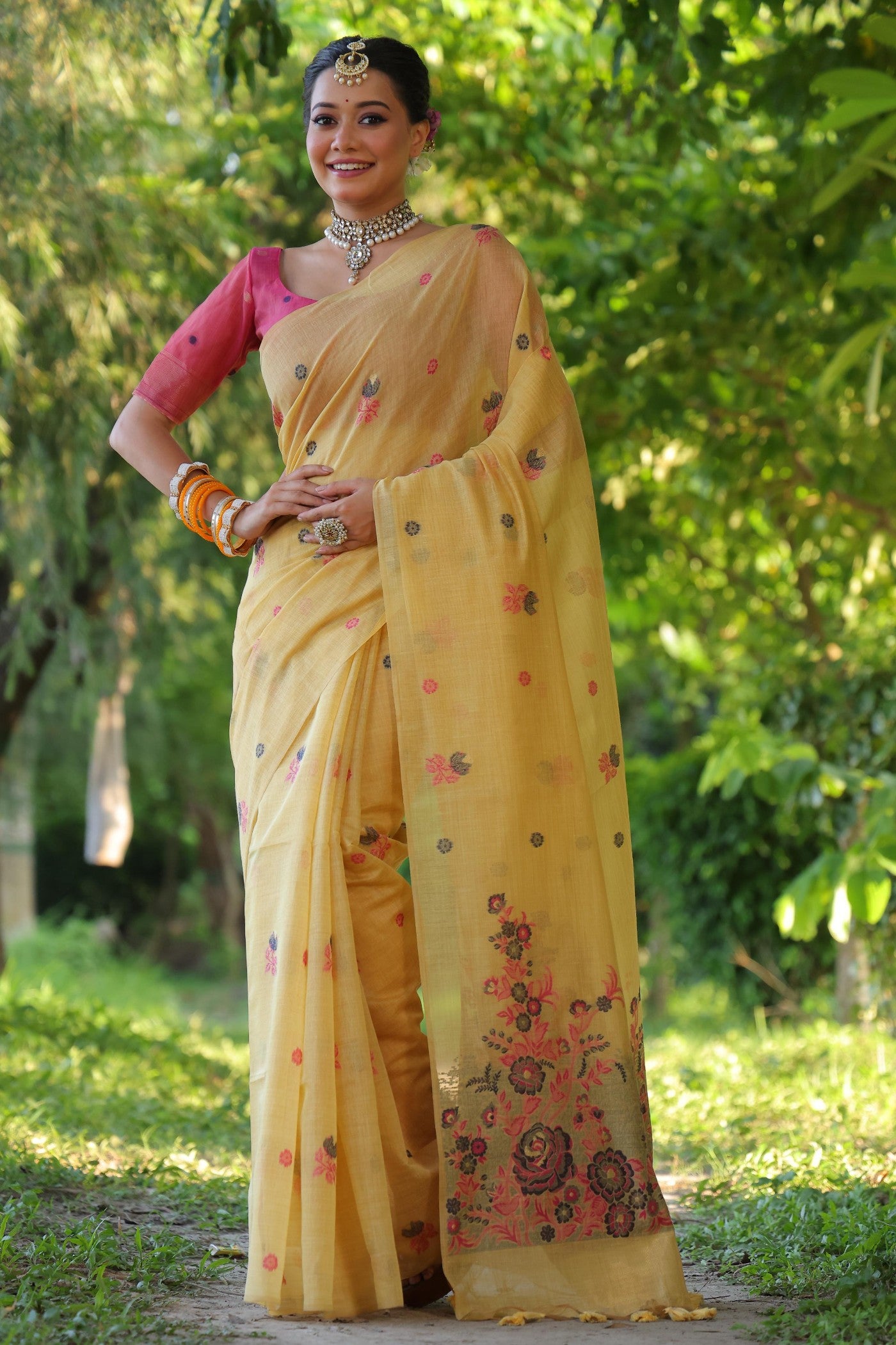 Women's Muga Silk Yellow Printed Designer Saree With Blouse Piece