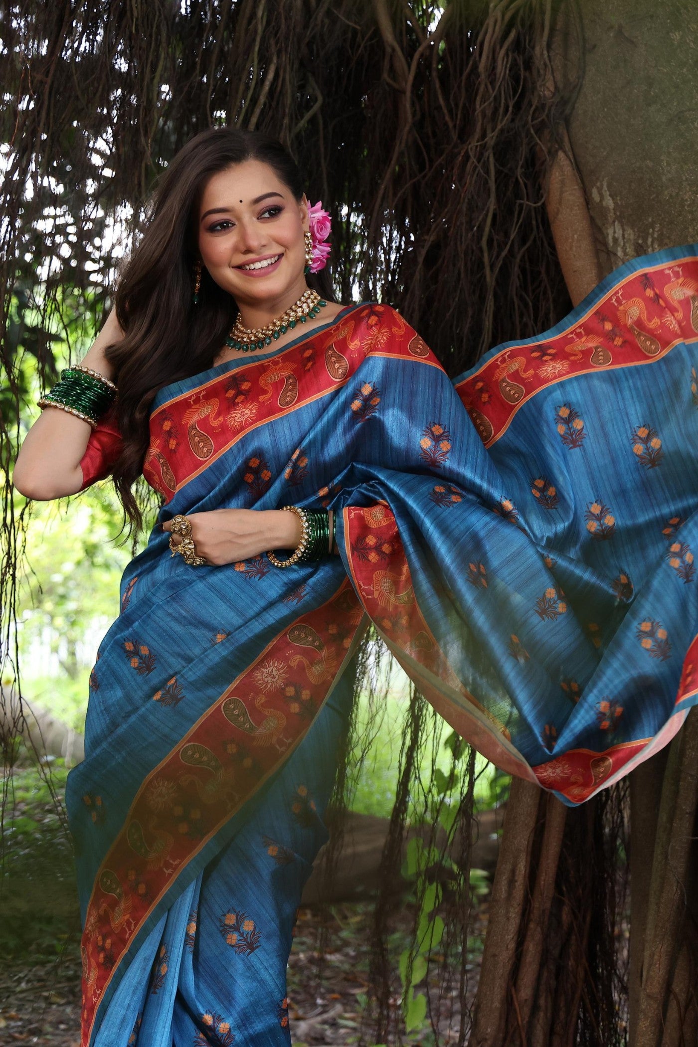 Buy MySilkLove Indigo Blue Madhubani Tussar Printed Silk Saree Online