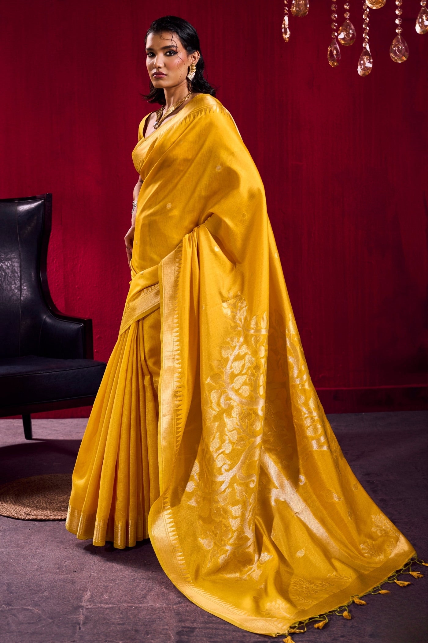 Buy MySilkLove Saffron Yellow Handloom Satin Linen Silk Saree Online