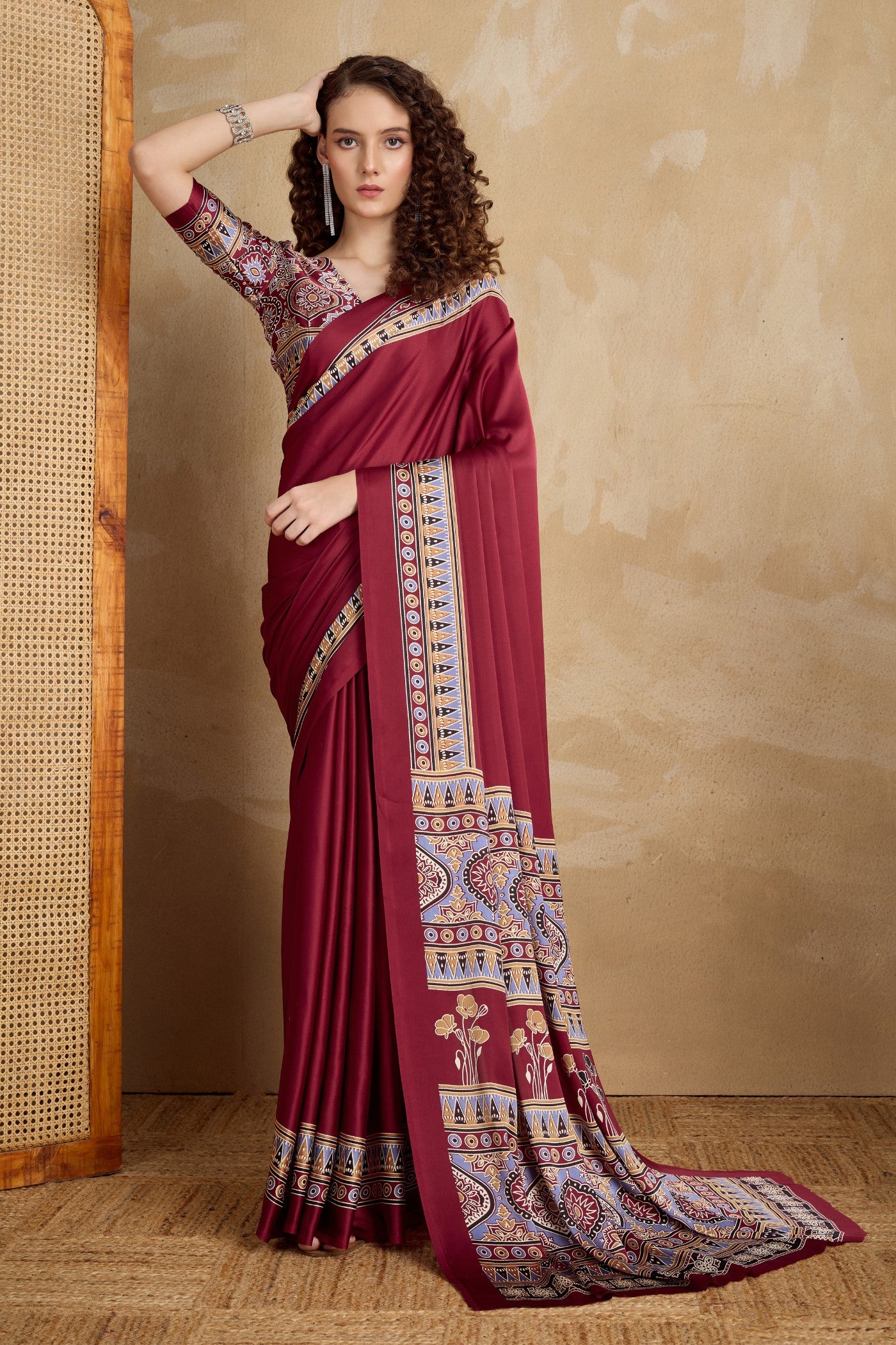 Buy MySilkLove Anemones Maroon Ajrakh Printed Satin Crepe Silk Saree Online