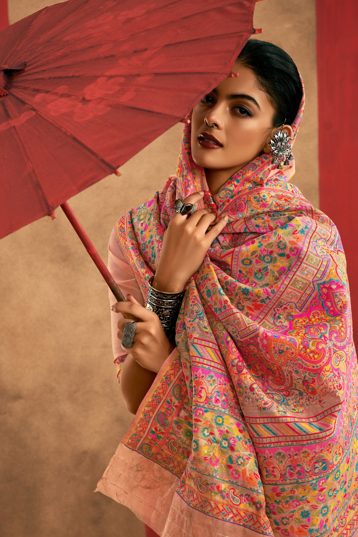 Buy MySilkLove Coral Peach Kashmiri Handloom Jamewar Saree Online