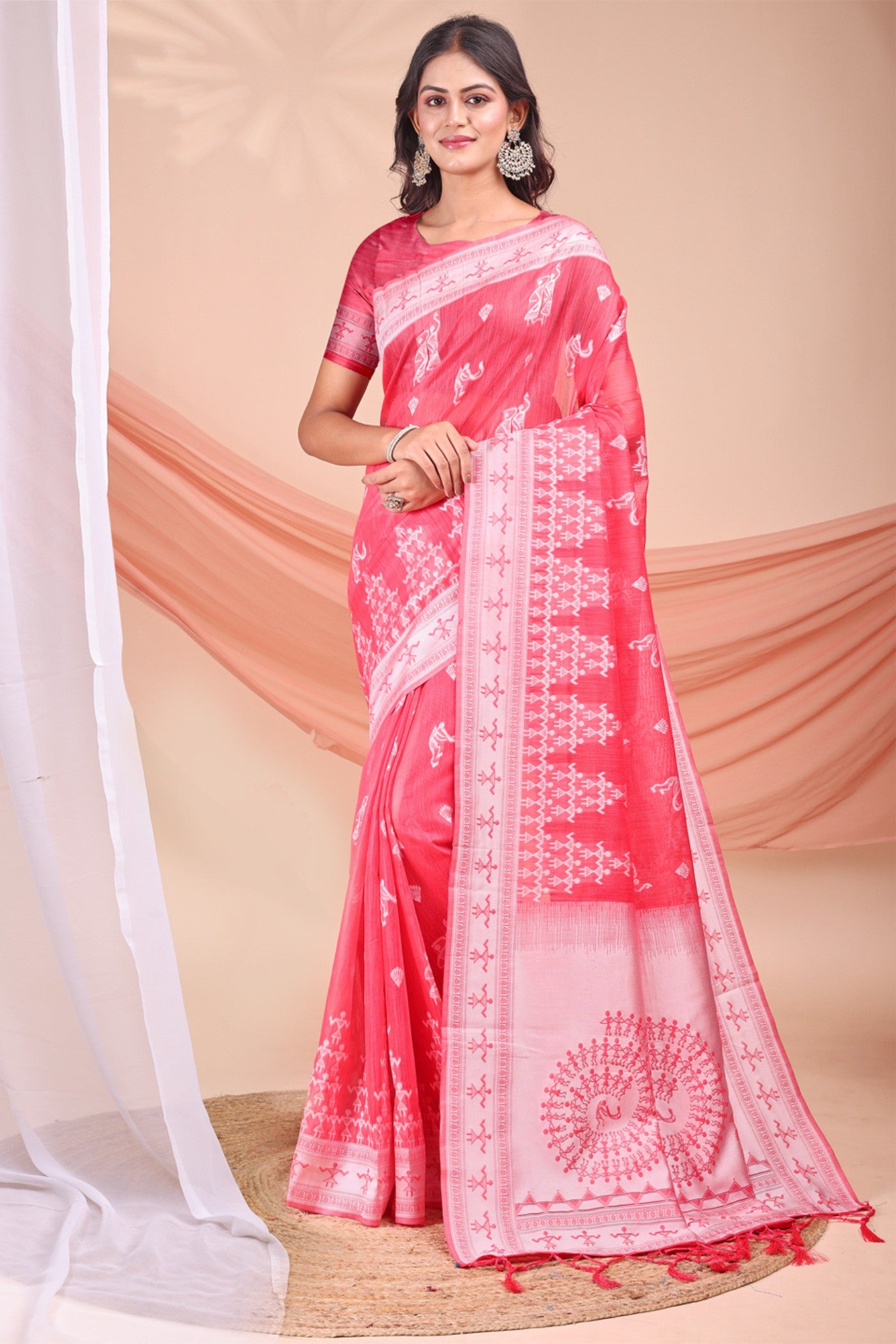 Buy MySilkLove Bright Rose Pink Woven Linen Cotton Saree Online