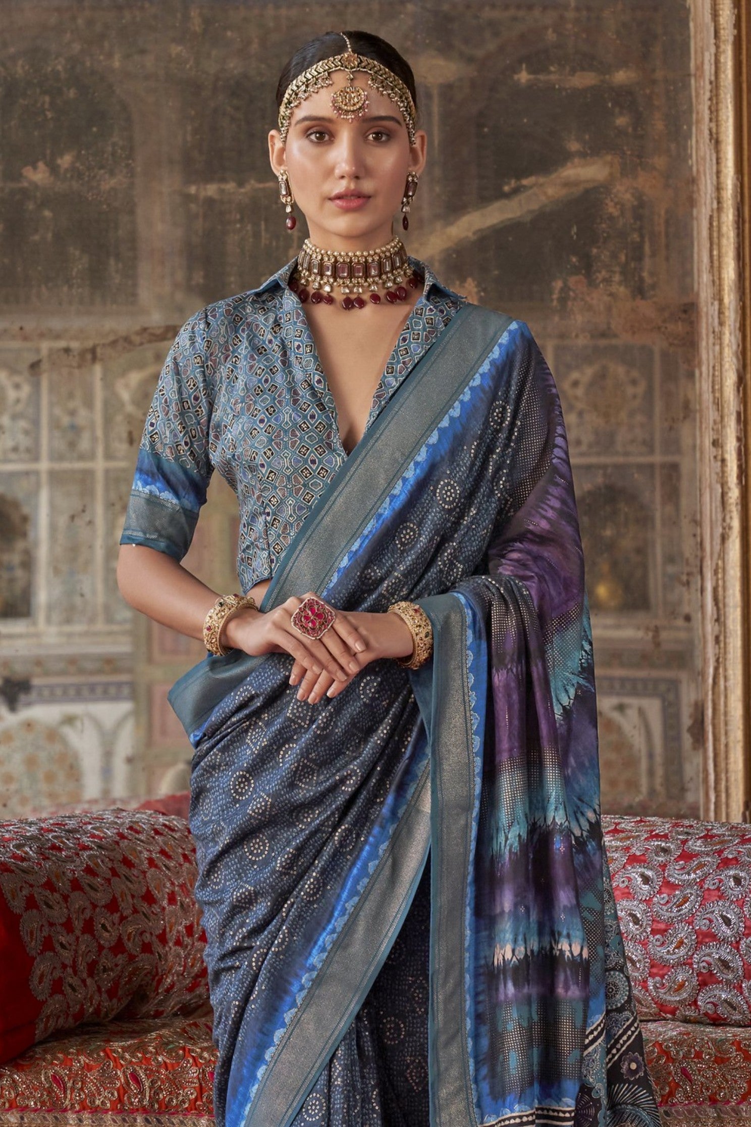 Buy MySilkLove Ocean Blue Printed Banarasi Saree Online