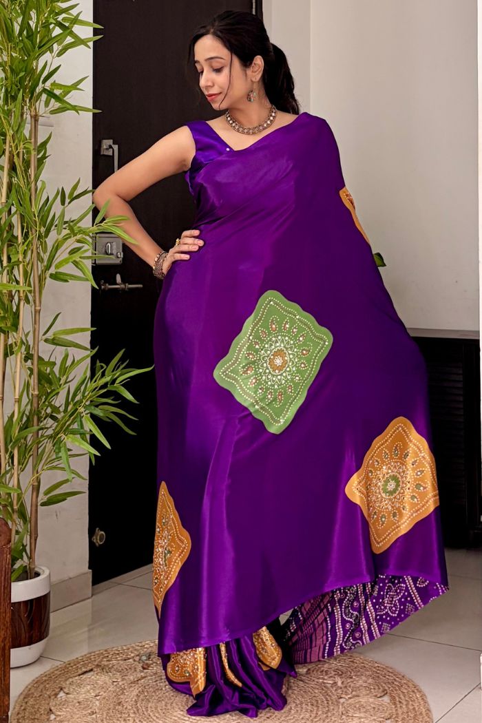 Buy MySilkLove Amethyst Purple Ajrakh Satin Printed Mirror Work Saree Online