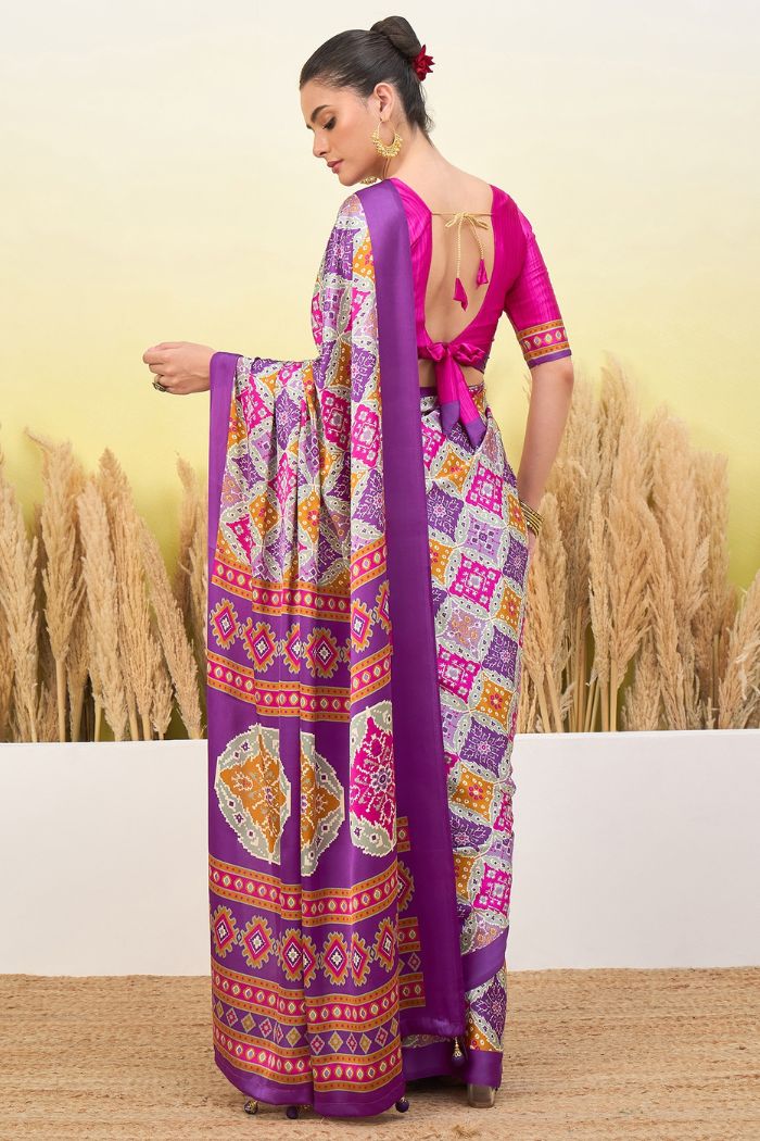 Buy MySilkLove Periwinkle Purple Patola Printed Satin Crepe Silk Saree Online