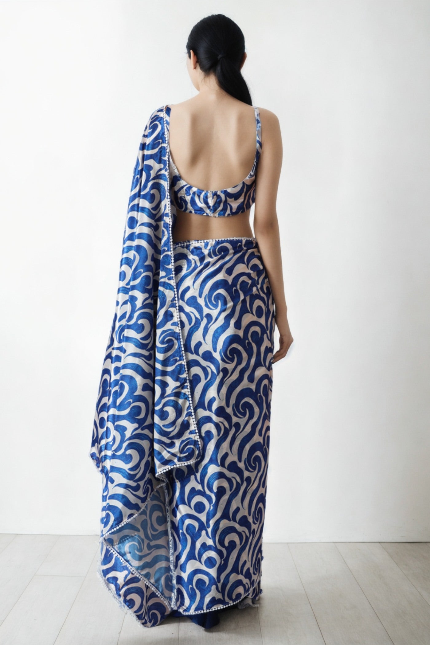 Buy MySilkLove Midnight Blue Chinon Digital Printed Ready To Wear Saree Online