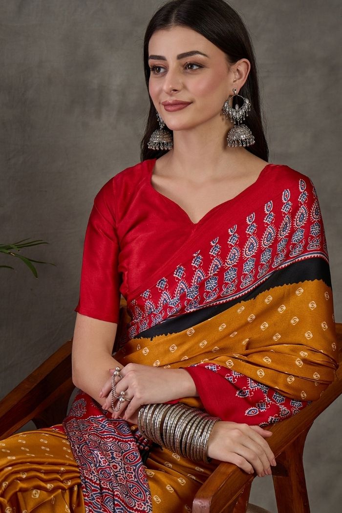 Buy MySilkLove Sunset Yellow and Red Ajrakh Printed Satin Gaji Silk Saree Online