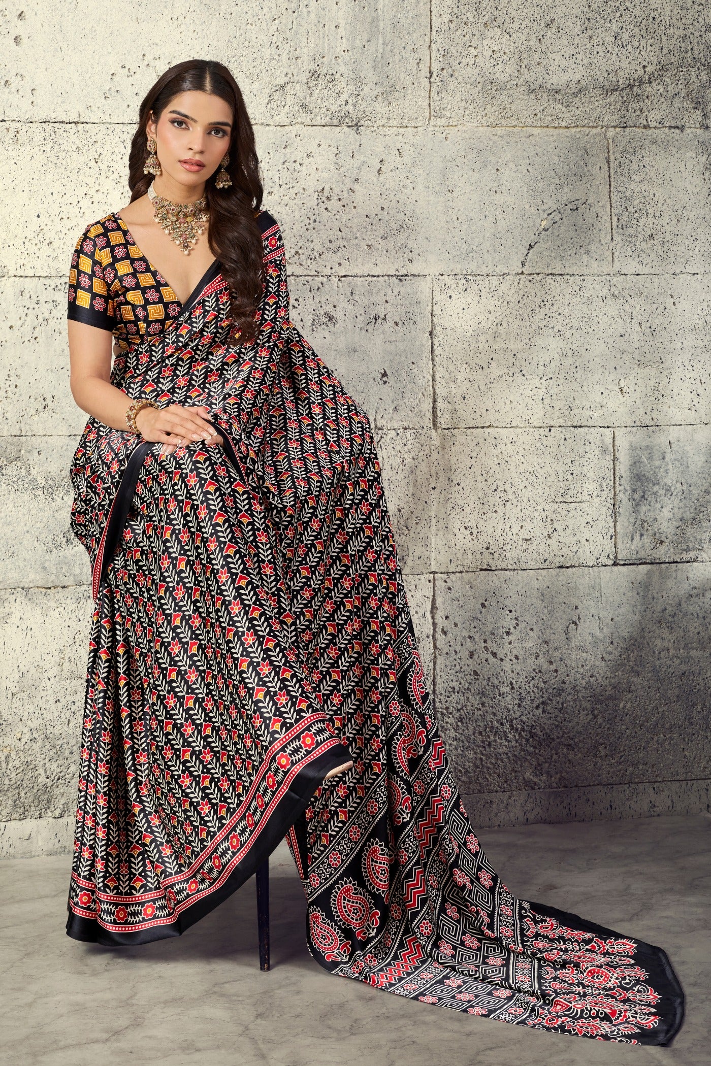 Buy MySilkLove Black Bean Modal Ajrakh Satin Printed Silk Saree Online