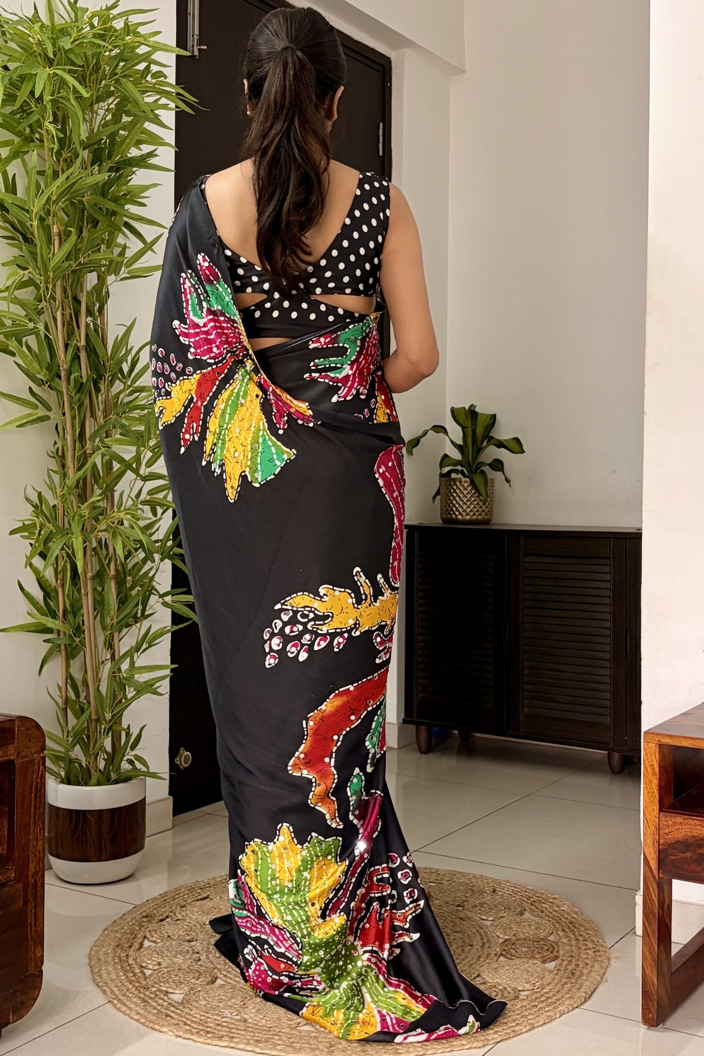 Buy MySilkLove Midnight Black Bloom Floral Mirror Work Satin Silk Saree Online