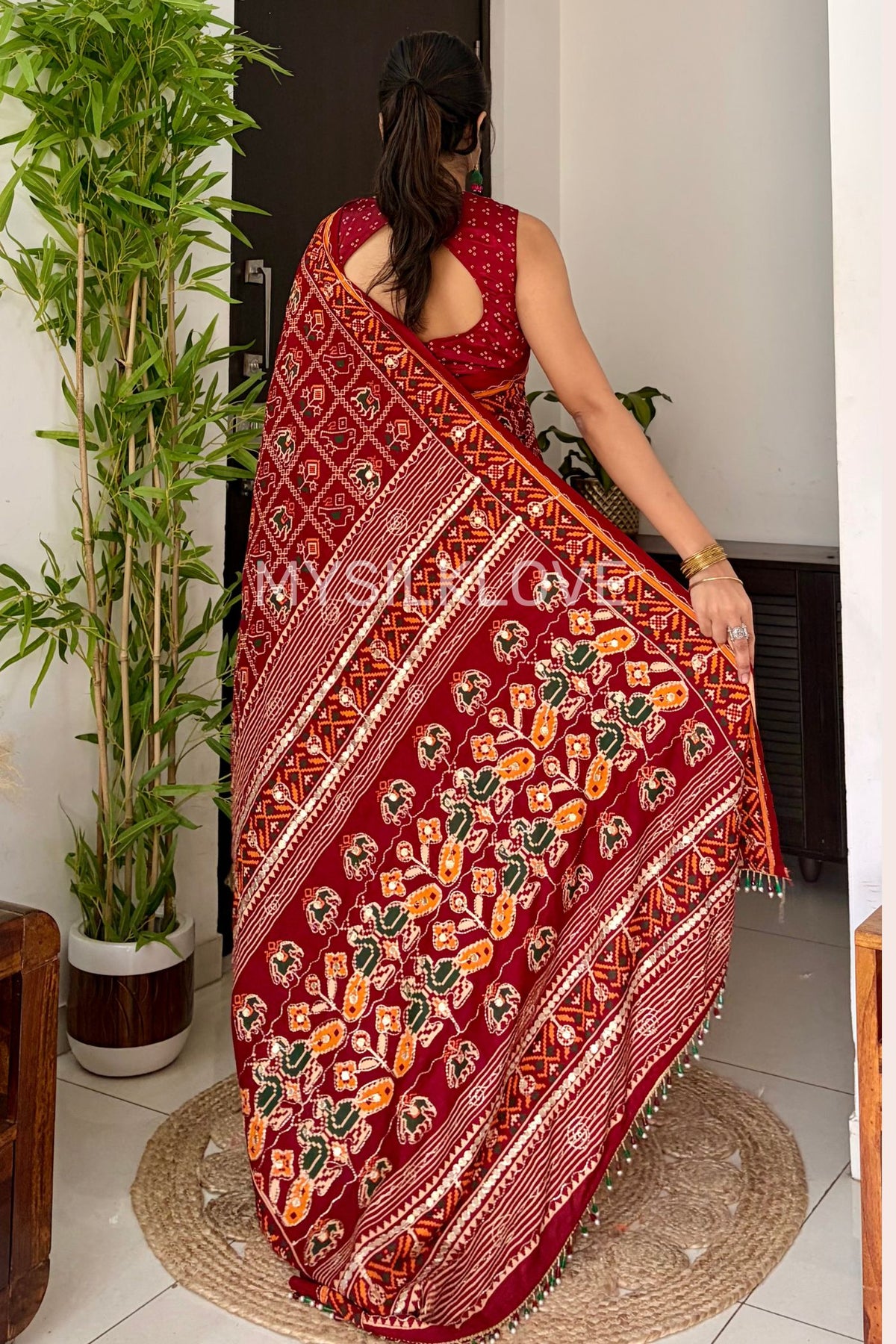 Buy MySilkLove Cherry Red Patola Embroidery Small Mirror Work Handloom Saree Online