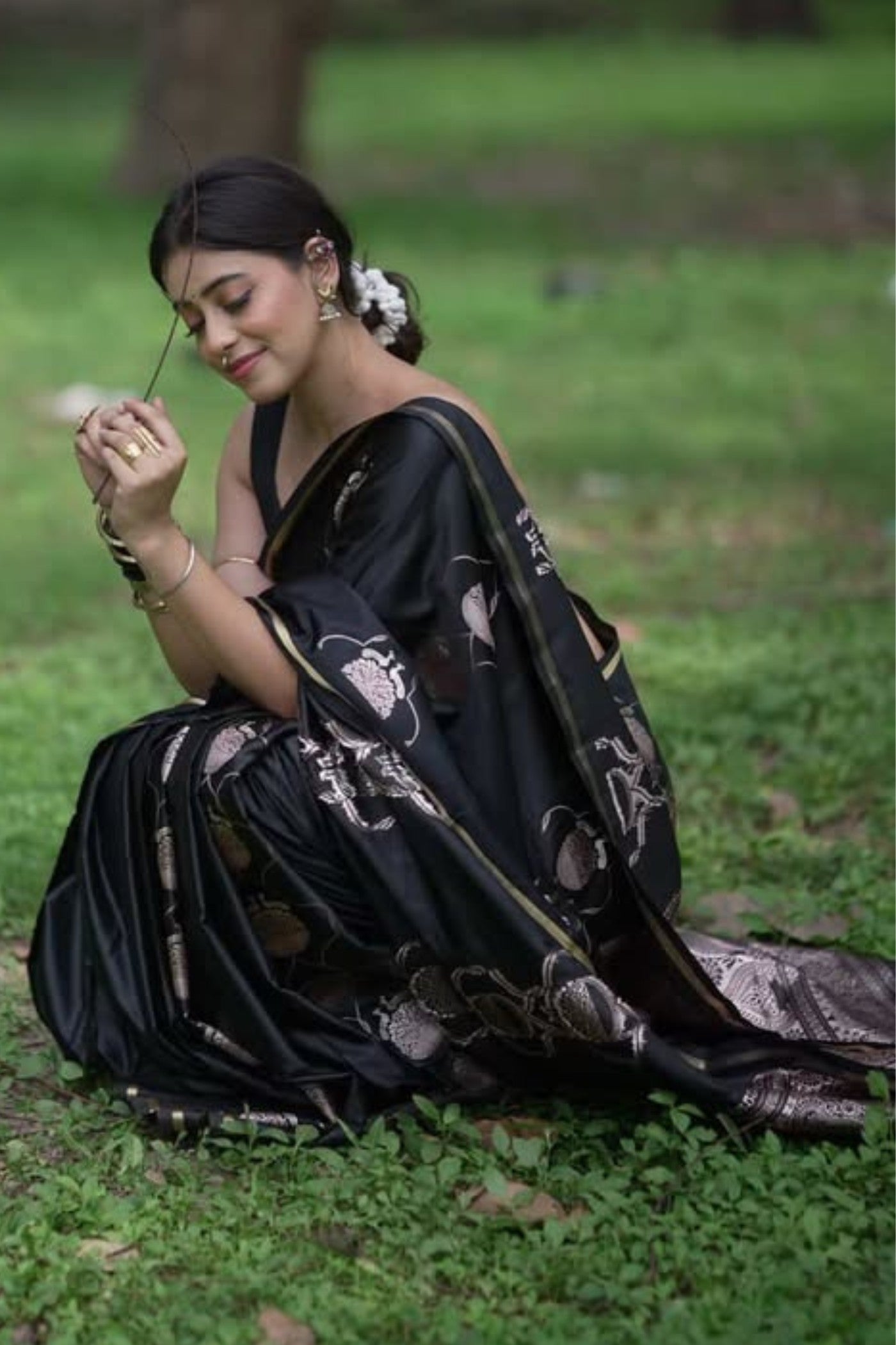 Buy MySilkLove Ink Black Handloom Satin Silk Saree Online