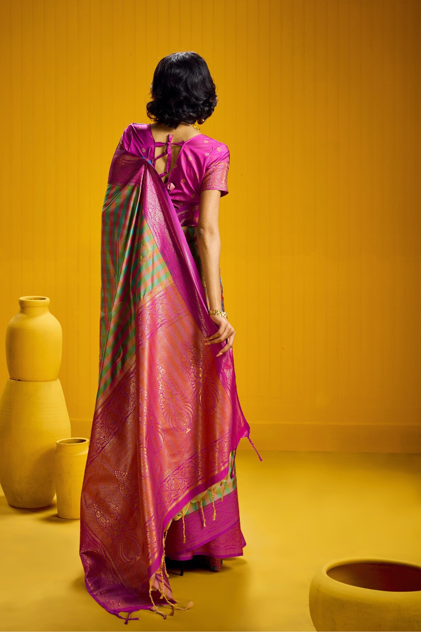 Buy MySilkLove Emerald Green Banarasi Two Tone Checks Handloom Saree Online