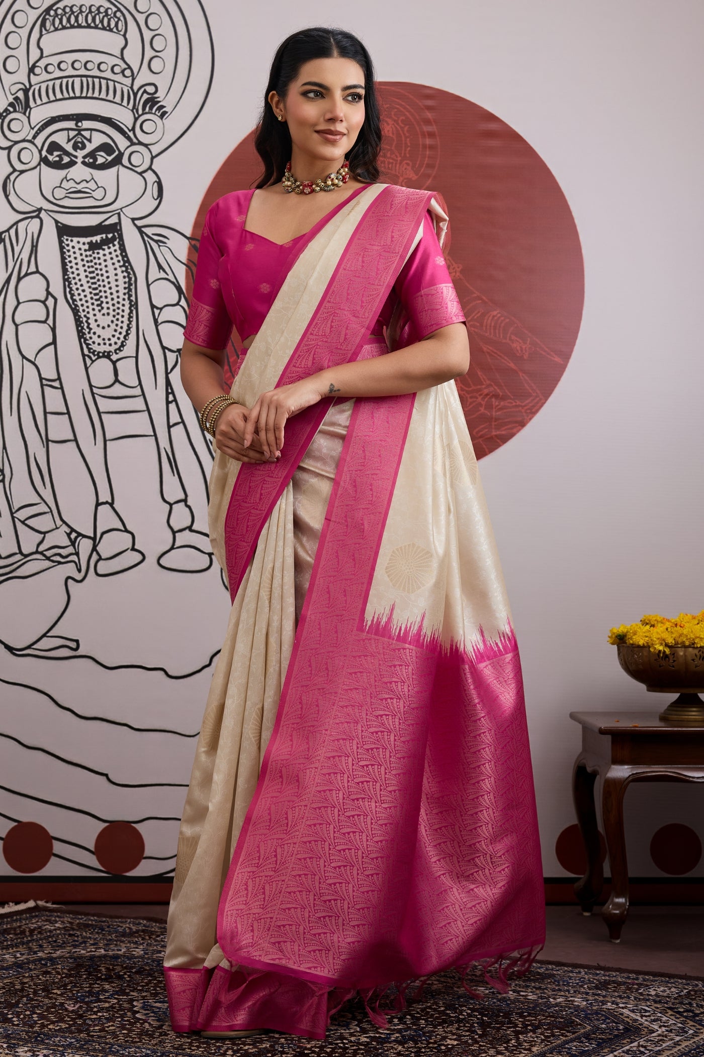 Buy MySilkLove Oyster Cream and Pink Handloom South Silk Saree Online