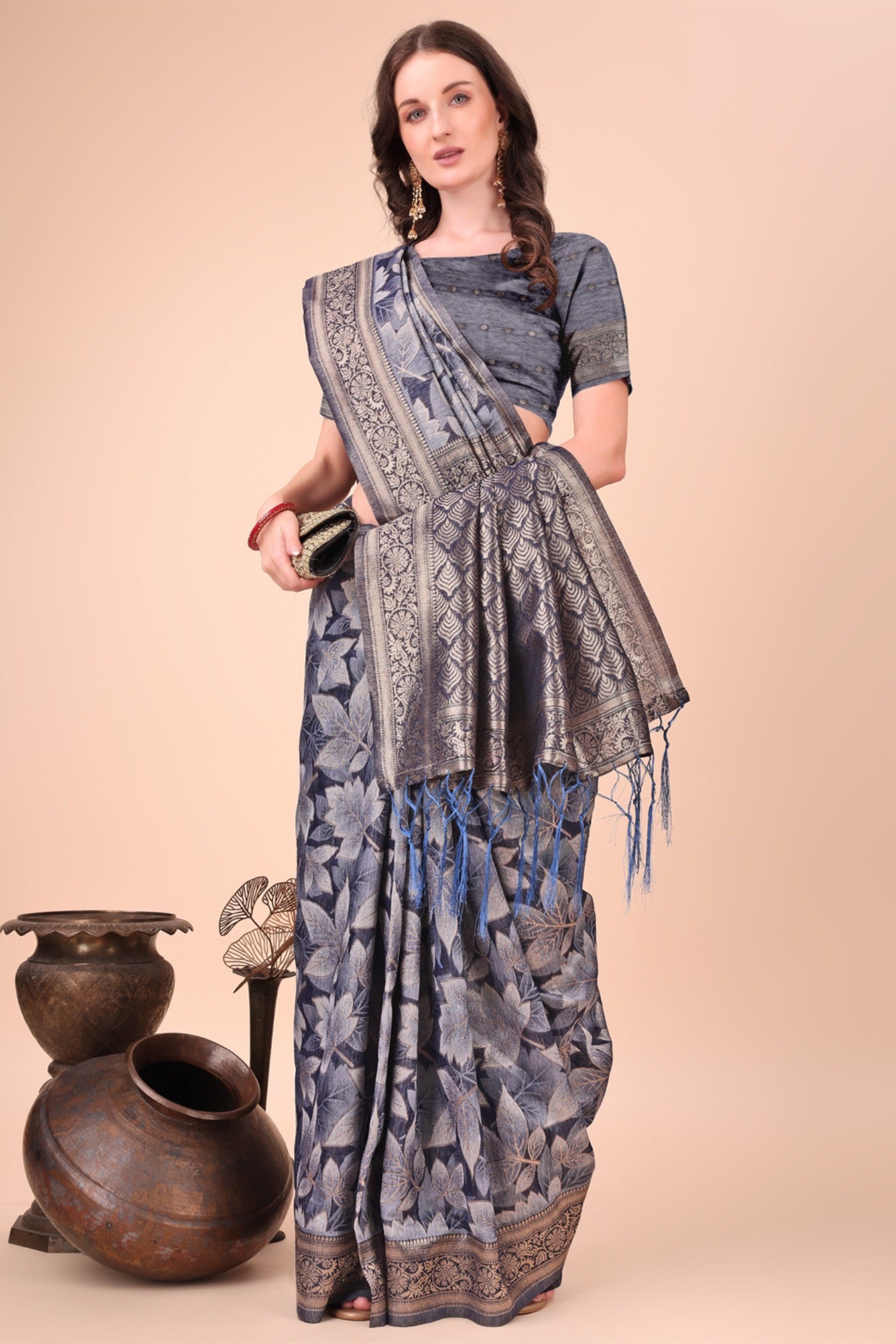 Buy MySilkLove Cement Grey Woven Cotton Saree Online