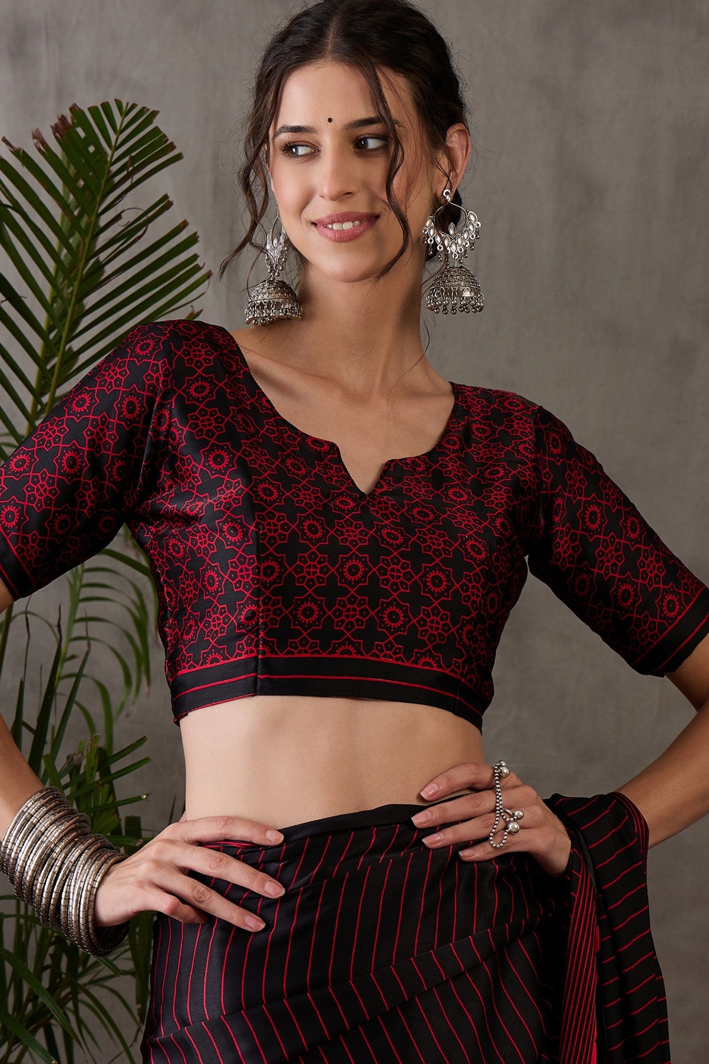 Buy MySilkLove Retro Black and Red Printed Satin Gaji Silk Saree Online
