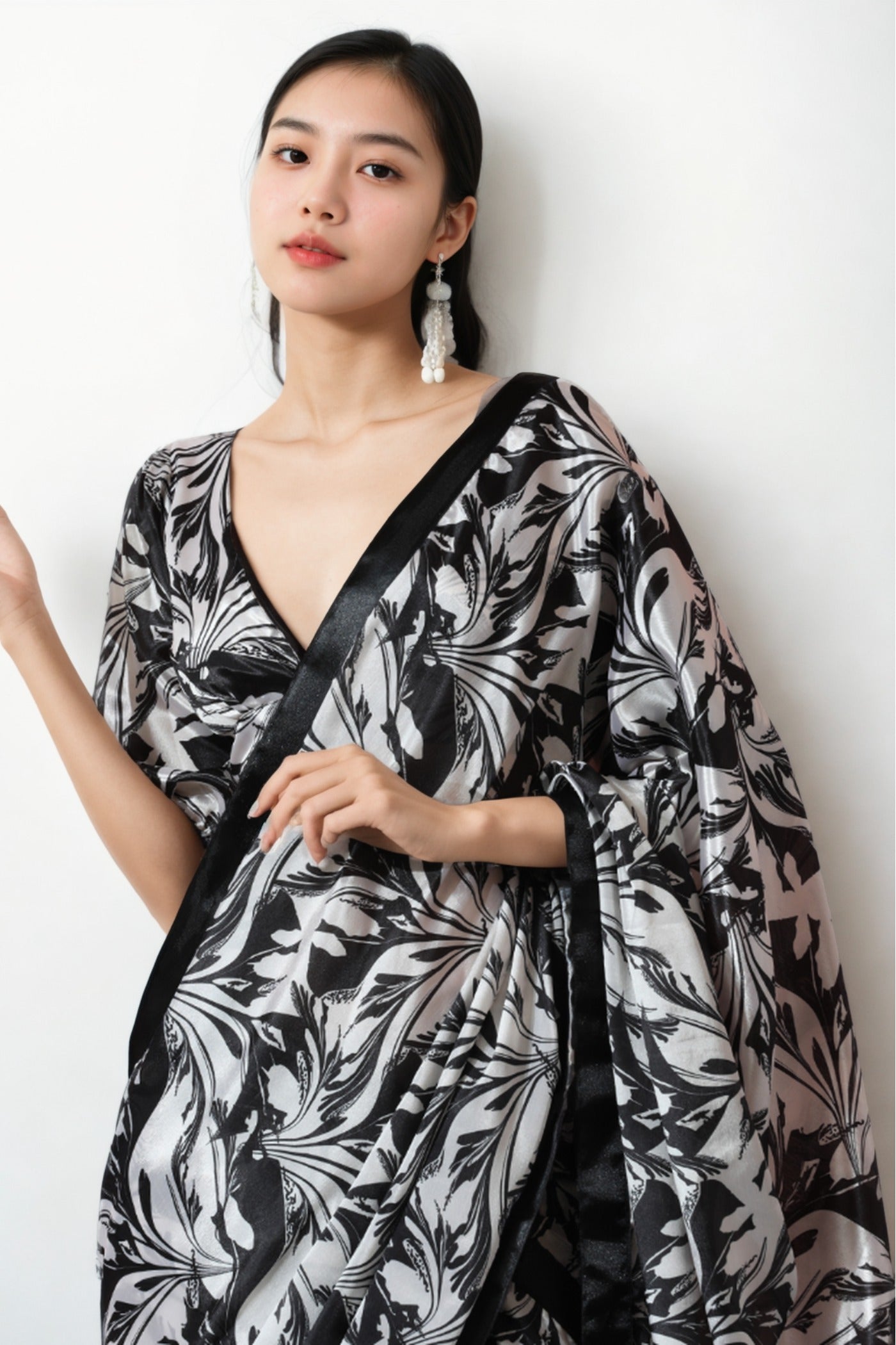Buy MySilkLove Coral Black Chinon Digital Printed Ready To Wear Saree Online