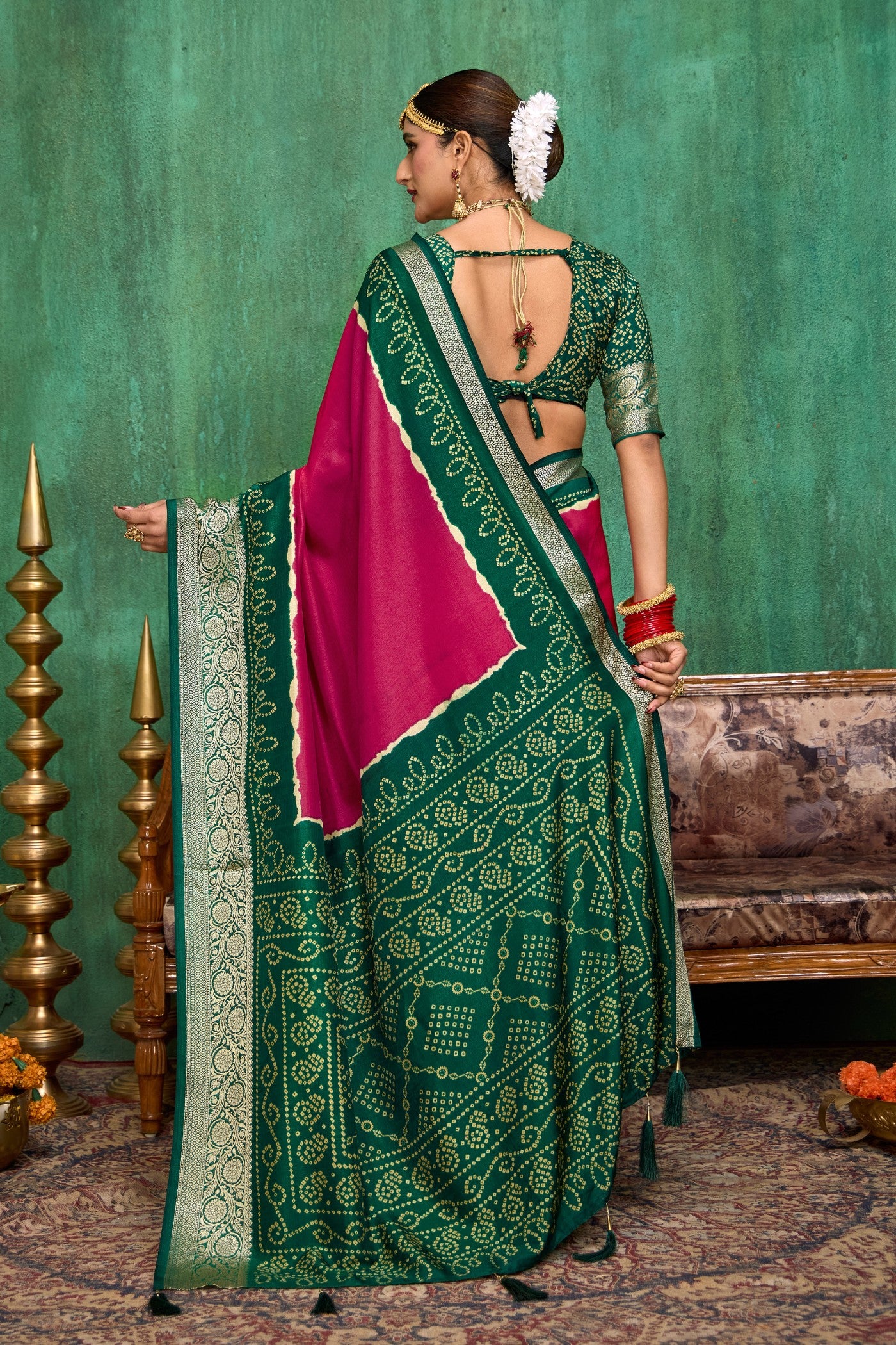 Buy MySilkLove Fairy Tale Pink Tussar Bandhani Silk Saree Online