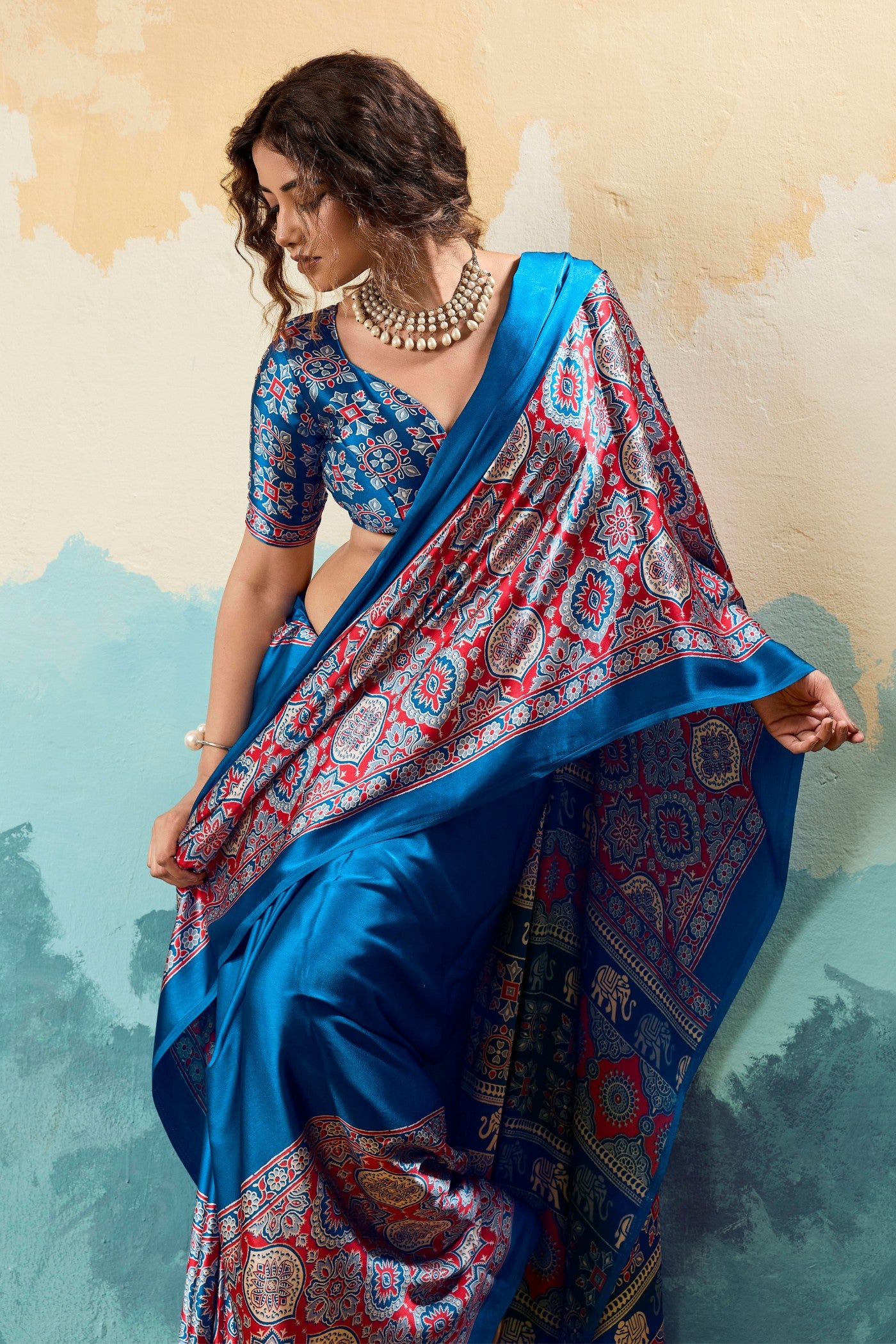 MySilkLove Force Blue Modal Ajrakh Satin Printed Silk Saree