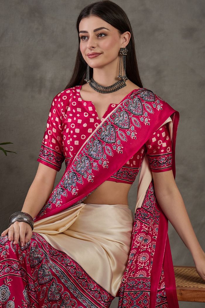 Buy MySilkLove Dust Cream and Red Ajrakh Printed Satin Gaji Silk Saree Online