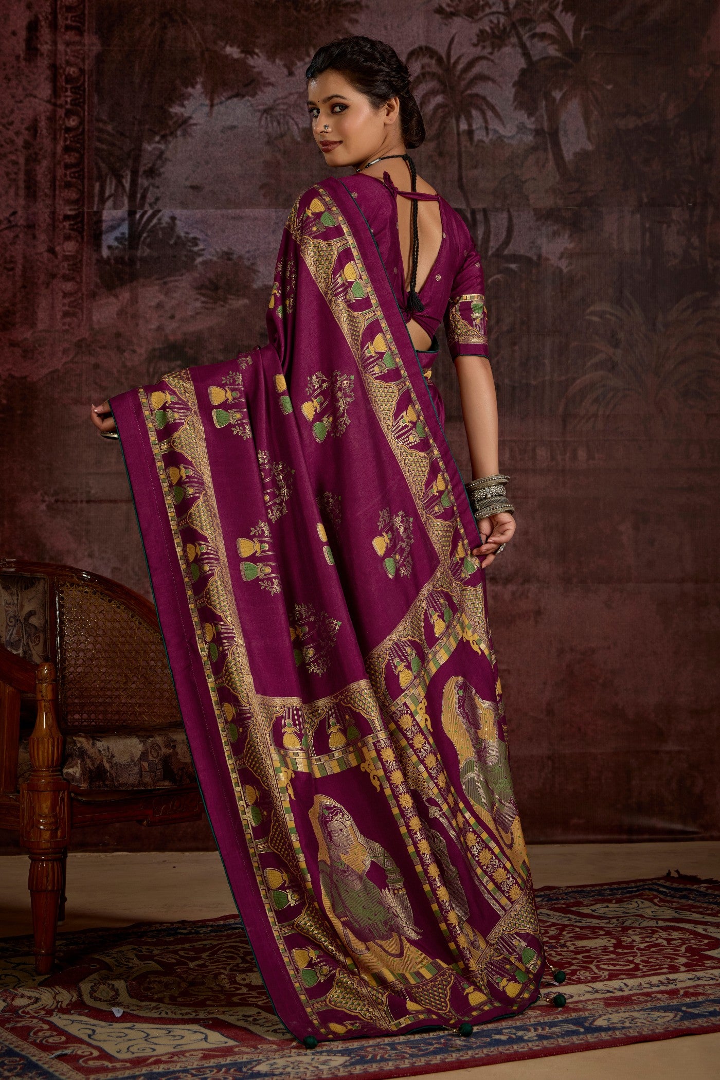 Buy MySilkLove Berry Marron Tussar Rajwadi Printed Silk Saree Online
