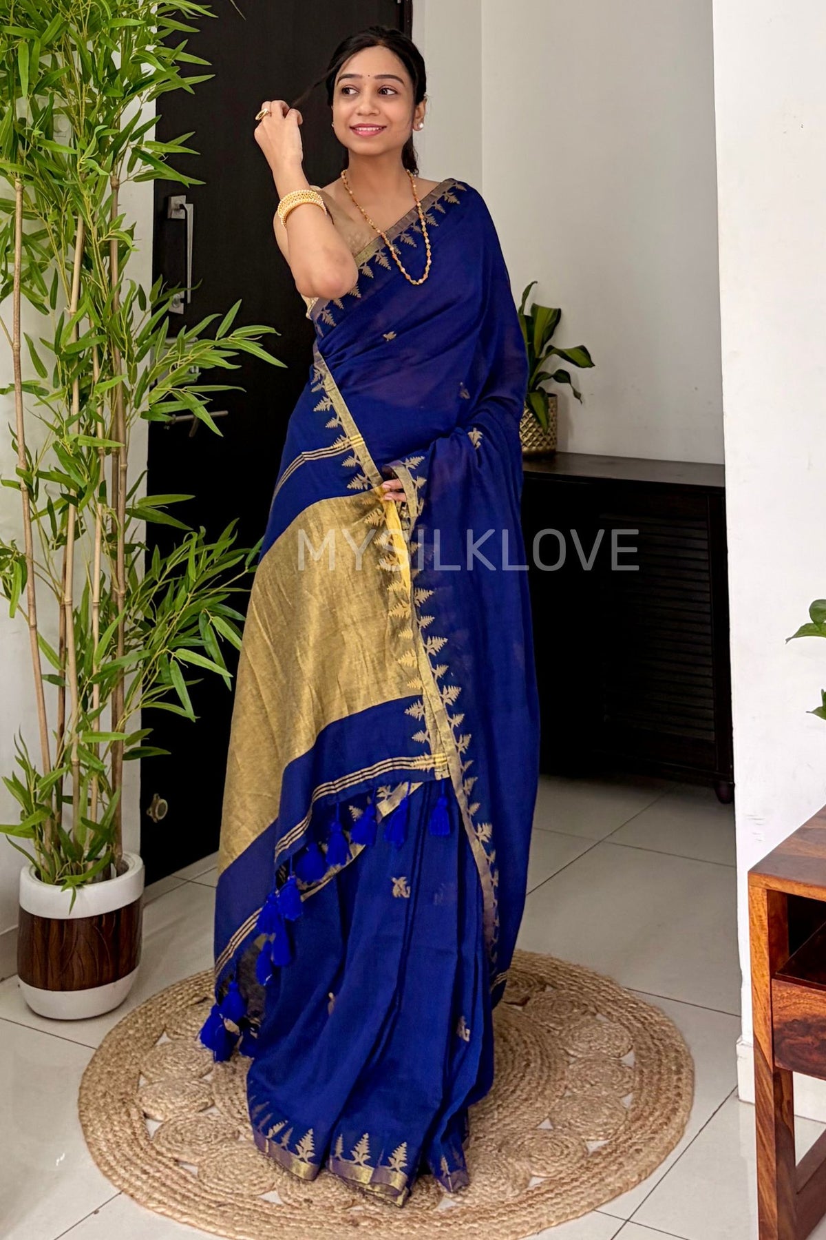 Buy MySilkLove Capri Blue Mul Mul Cotton Zari Woven Saree Without Blouse Online