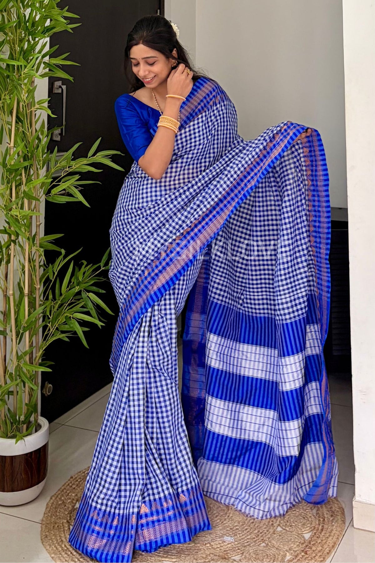 Buy MySilkLove Regal Blue Soft Cotton Check Pattern Irkal Saree Online