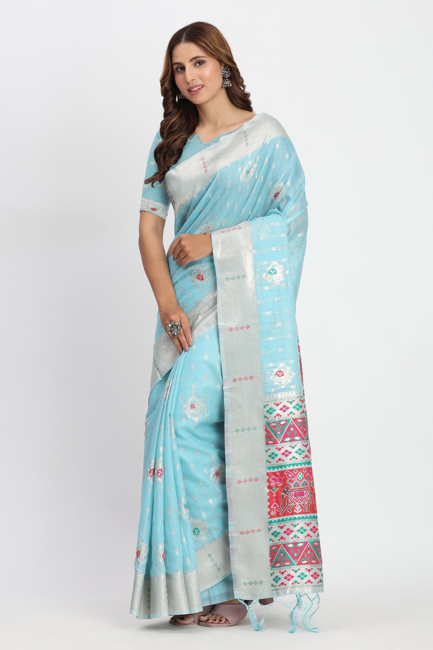 Buy MySilkLove Sky Blue Woven Linen Cotton Saree Online
