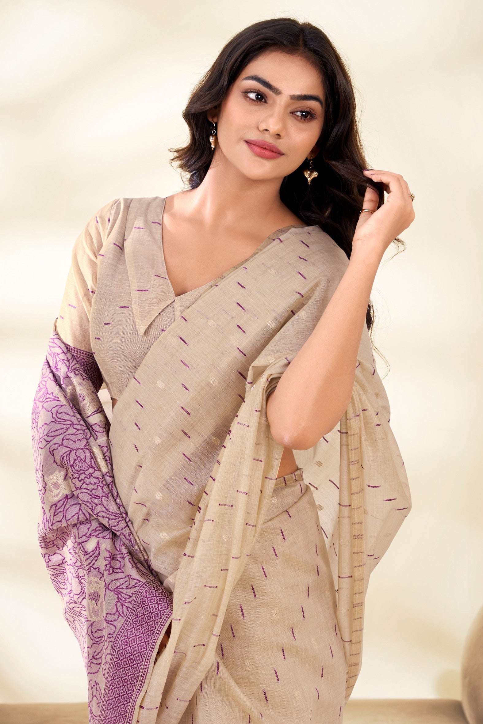 Buy MySilkLove Classic Cream and Purple Woven Modal Cotton Saree Online