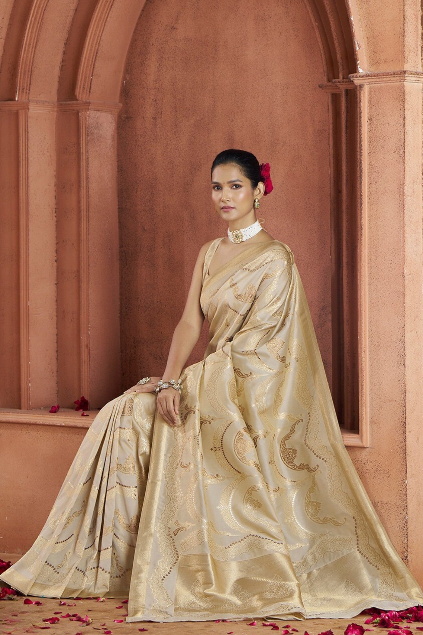 Buy MySilkLove Cashmere Cream Woven Banarasi Saree Online