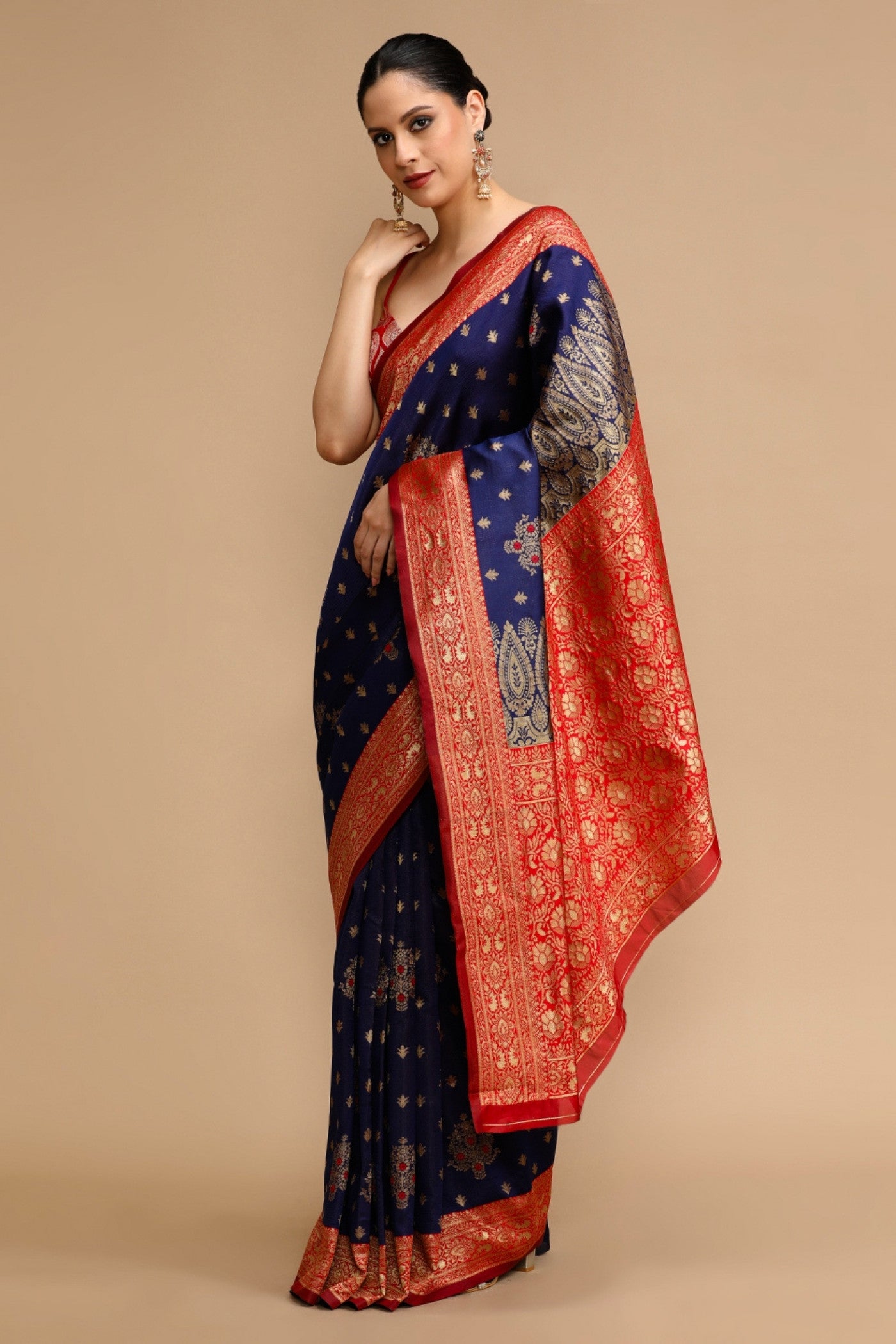 Buy MySilkLove Midnight Blue and Red Woven Jacquard Lichi Silk Saree Online