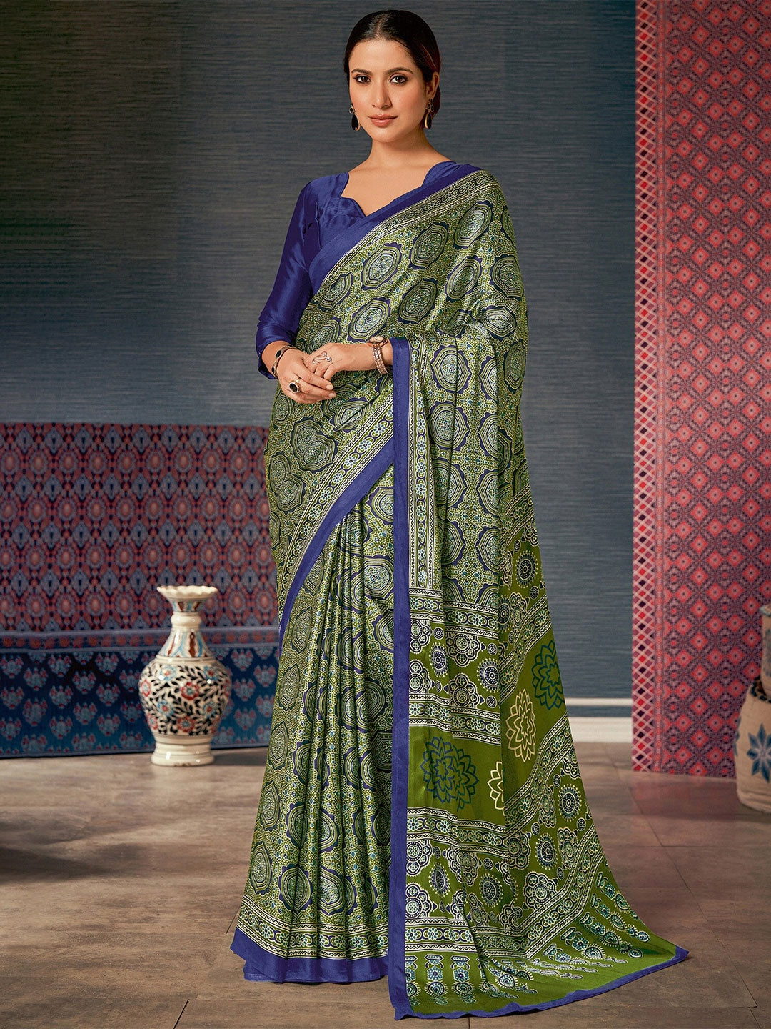 MySilkLove Olive Green Digital Printed Ajrakh Satin Crepe Saree