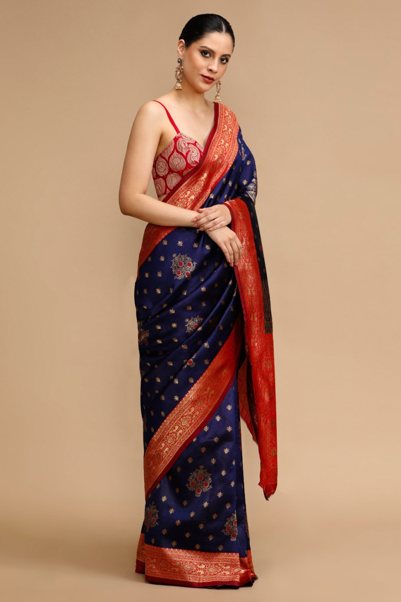 Buy MySilkLove Midnight Blue and Red Woven Jacquard Lichi Silk Saree Online