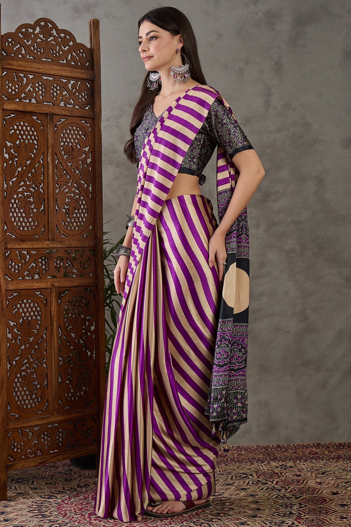 Buy MySilkLove Plum Purple Stripe Ajrakh Printed Satin Gaji Silk Saree Online