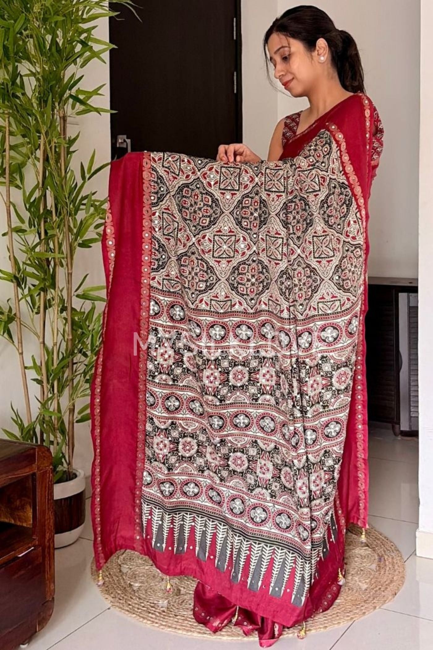 Buy MySilkLove Maroon Border Black and White Ajrakh Printed Satin Silk Saree Online